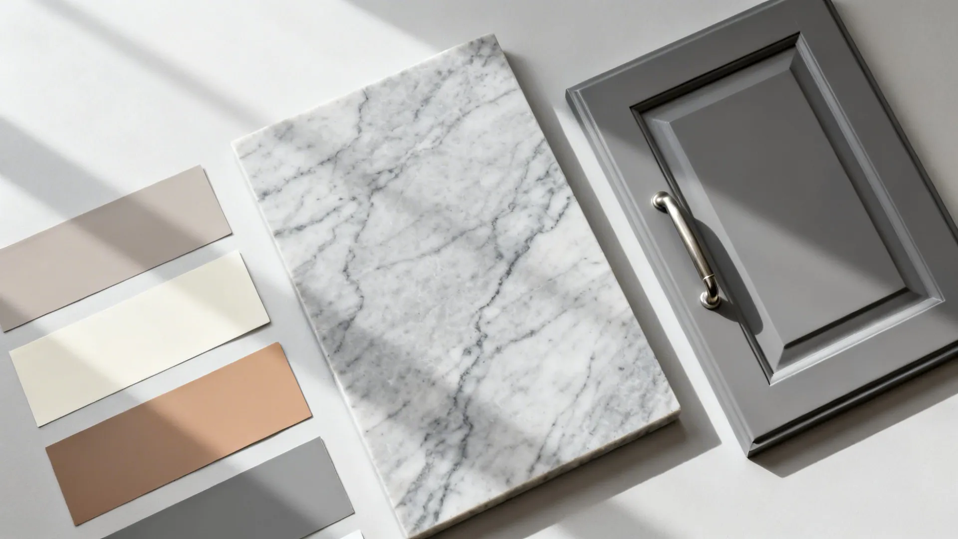 Flat lay of gray-veined marble with matte gray cabinet door and nickel hardware in a calm palette.