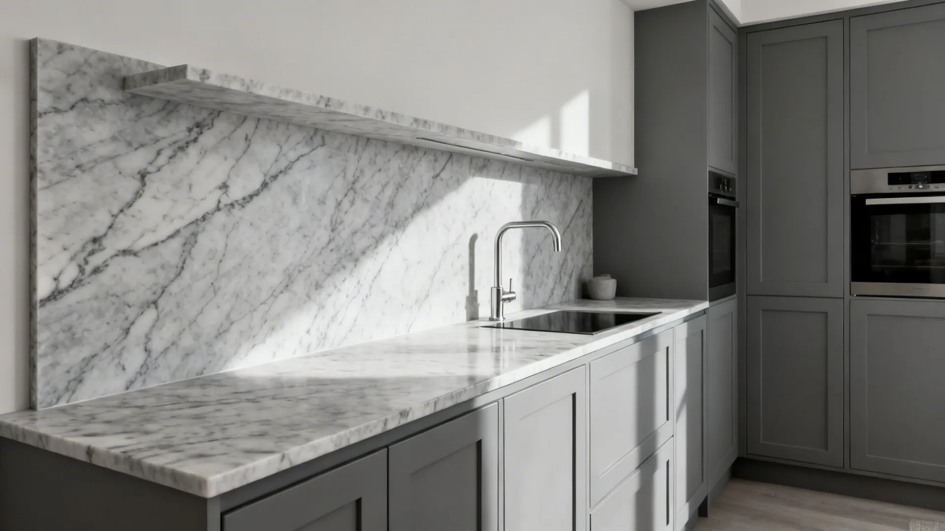 Small kitchen with gray-veined marble counter and matte gray shaker cabinets in a serene monochrome scheme.