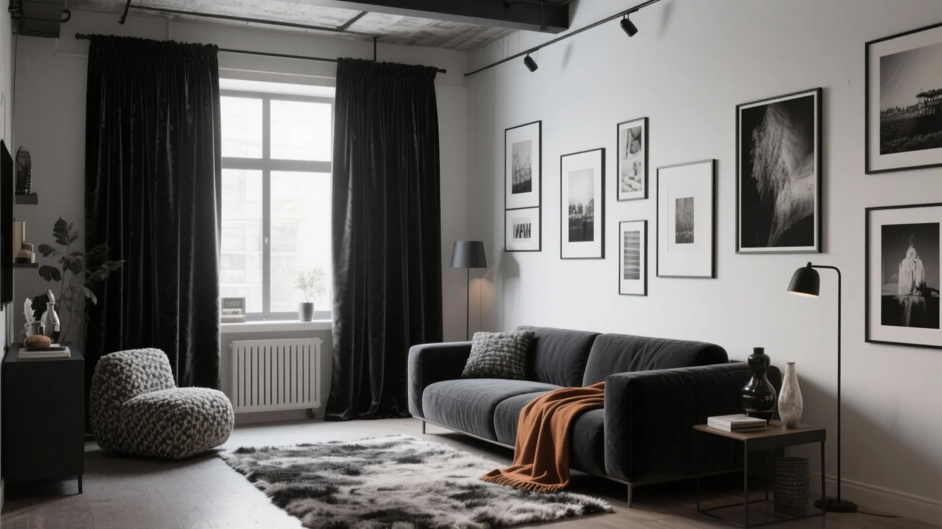 Loft showing monochrome matching of curtains to sofa with mixed textures and a contrasting throw.