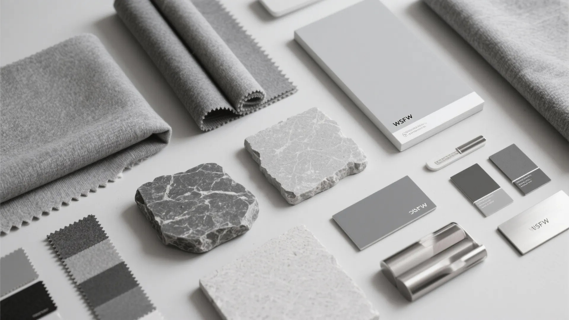 Interior design drawing board with fabric samples stone pieces and grey color palettes for projects