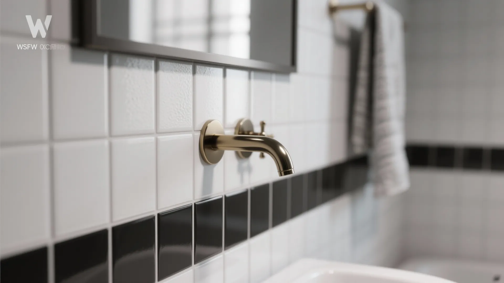 Close up of gold water tap on white and black wall tiles in a bathroom