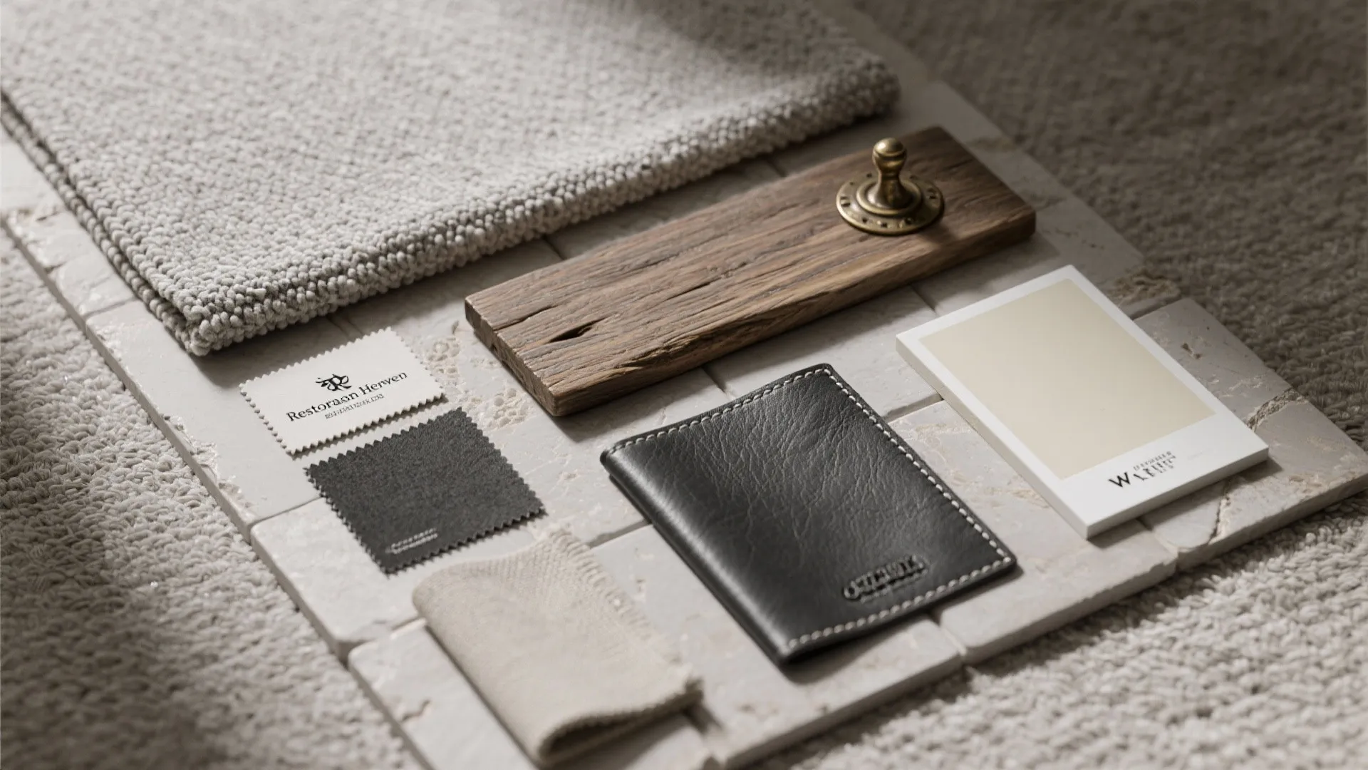 Top-down flatlay of boucle, leather, raw oak, aged brass, and paint swatches in a neutral Restoration Hardware palette.