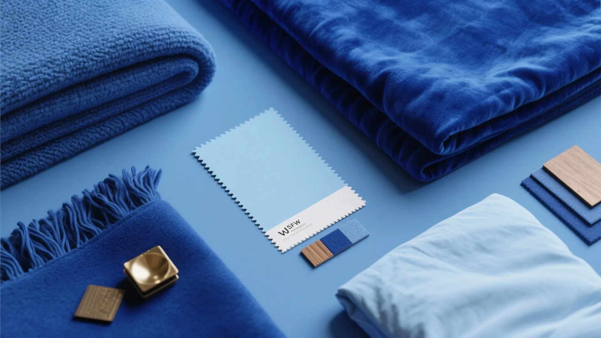 Collection of blue fabric samples and wood swatches arranged neatly on a flat blue background