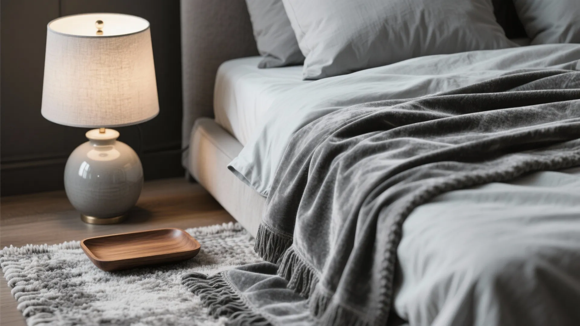 Close-up of linen, velvet, wool and wood accents in a gray bedroom set