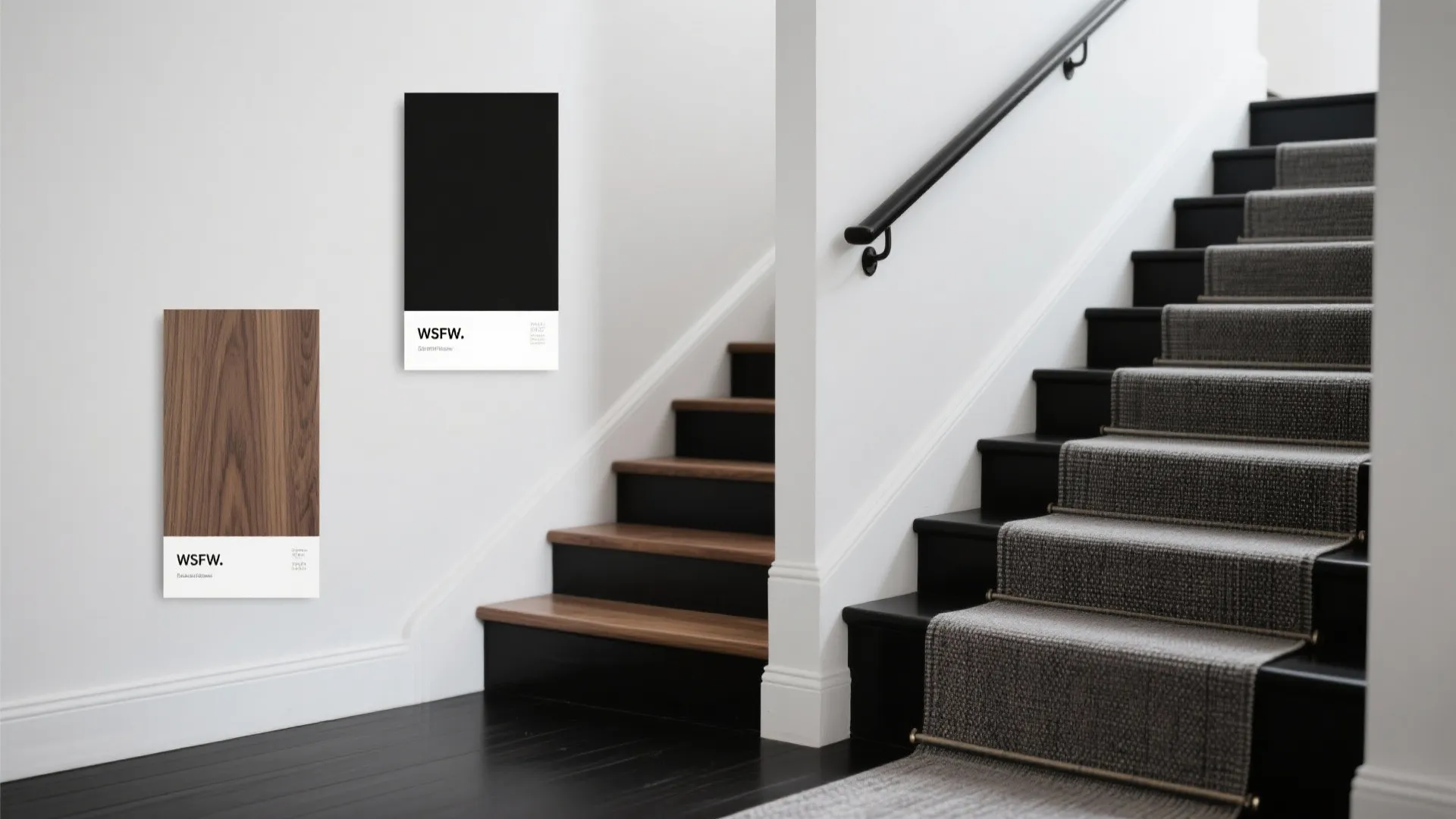 Flat lay of white paint, satin black rail finish, oak tread sample, and textured runner fabric under soft daylight.