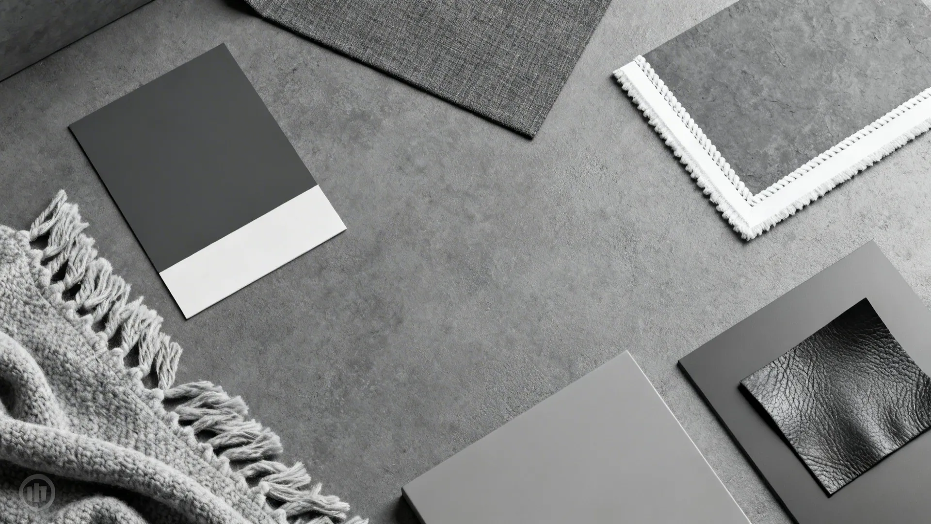 Top-down flatlay of charcoal, slate and white material samples and textures for a monochrome living room.