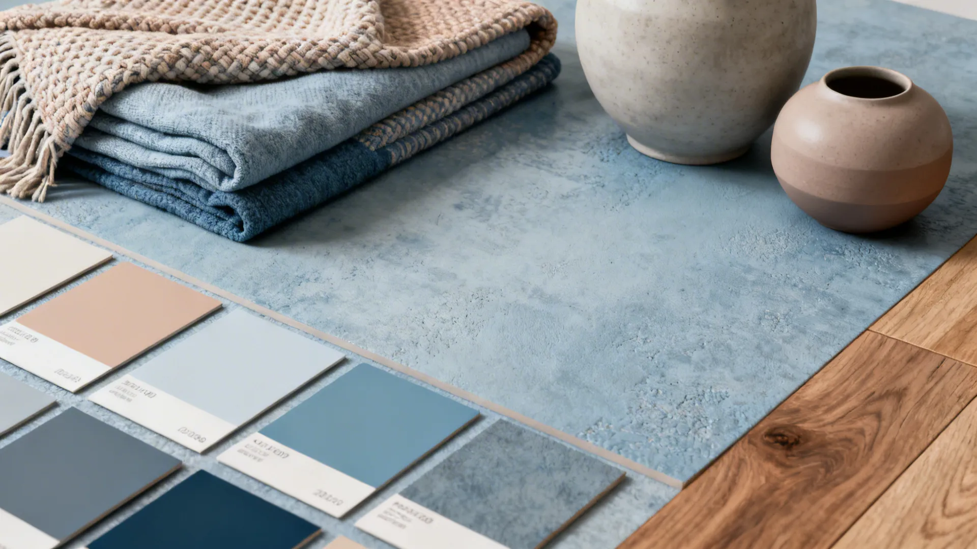 Interior design materials showing blue textured tiles fabric samples color palette cards and small vases