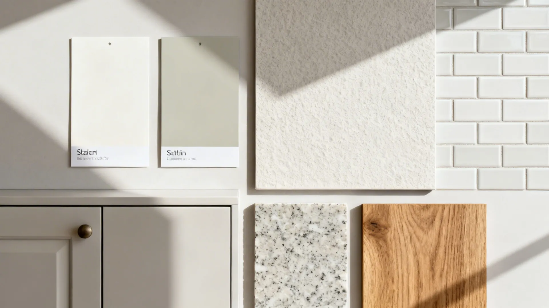 Flatlay of warm white and greige swatches, light backsplash tile, satin cabinet, quartz, and oak.