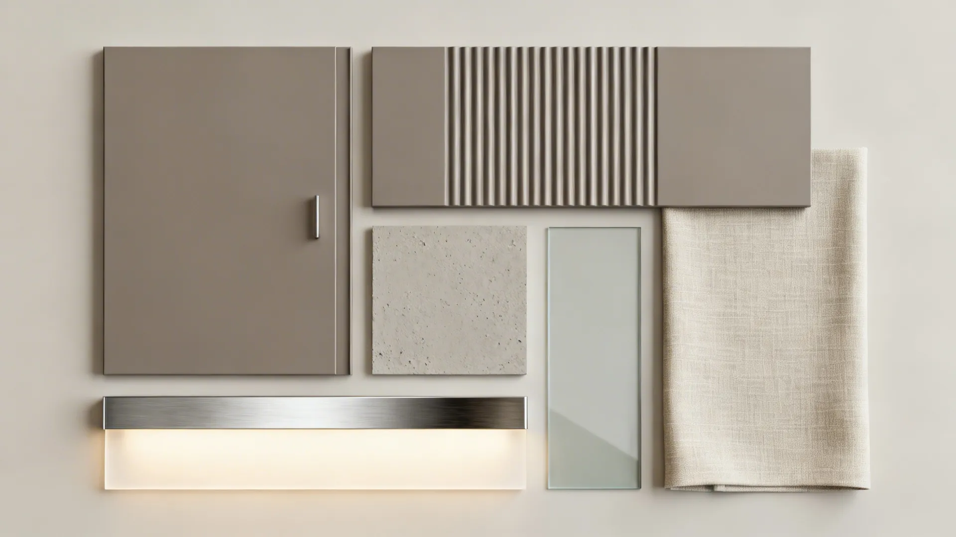 Flat lay of warm gray lacquer, fluted panel, microcement, glass, linen, and LED diffuser samples.