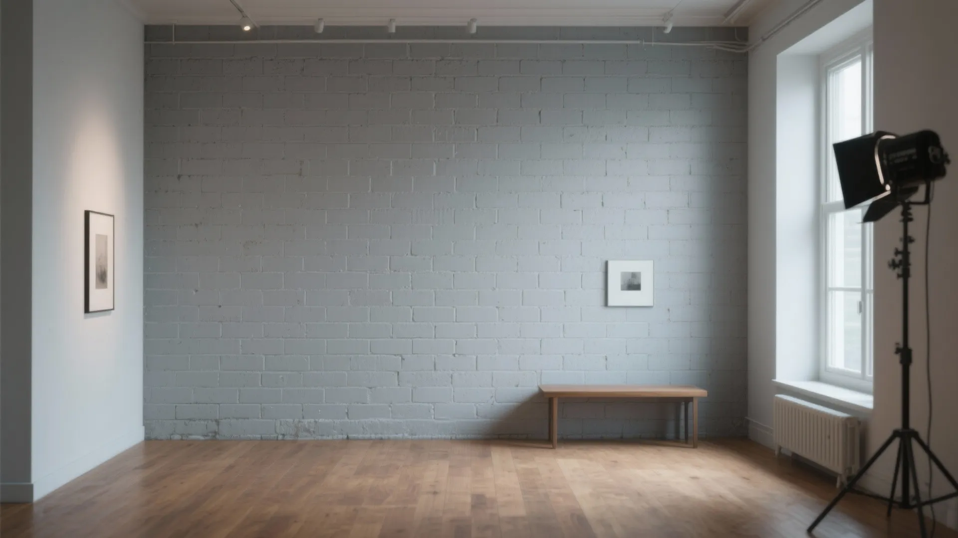 Studio with a full cinder block wall painted in a single matte dove gray, creating a calm cohesive backdrop.