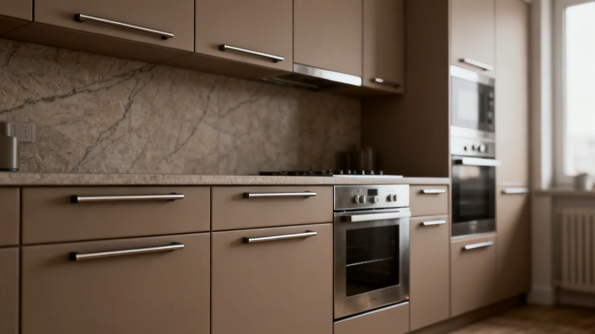 Monochrome taupe kitchen with matte cabinet faces and satin frames for a calm modern look.