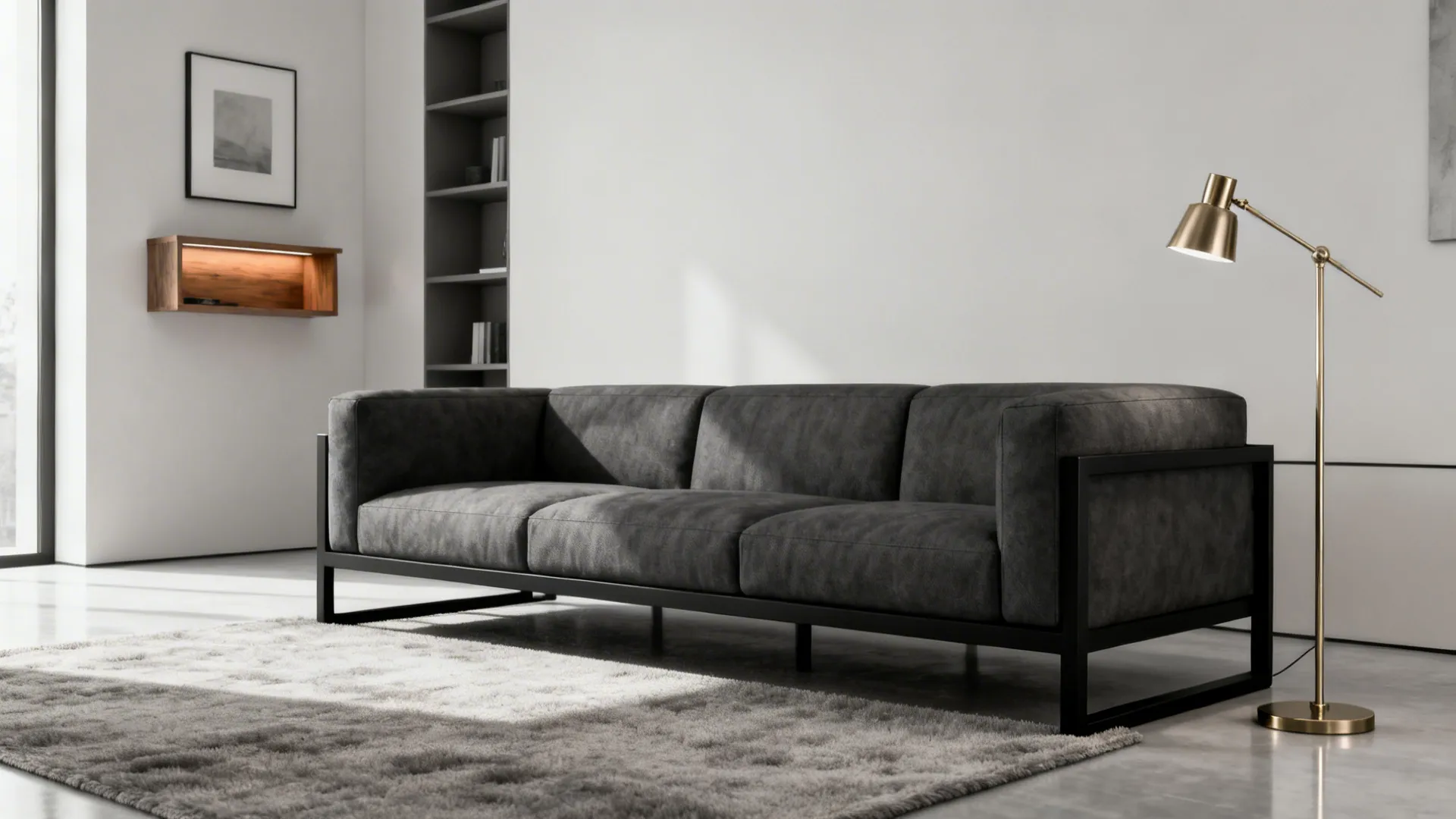 Modern living room featuring grey sofa soft rug gold floor light fixture and white walls