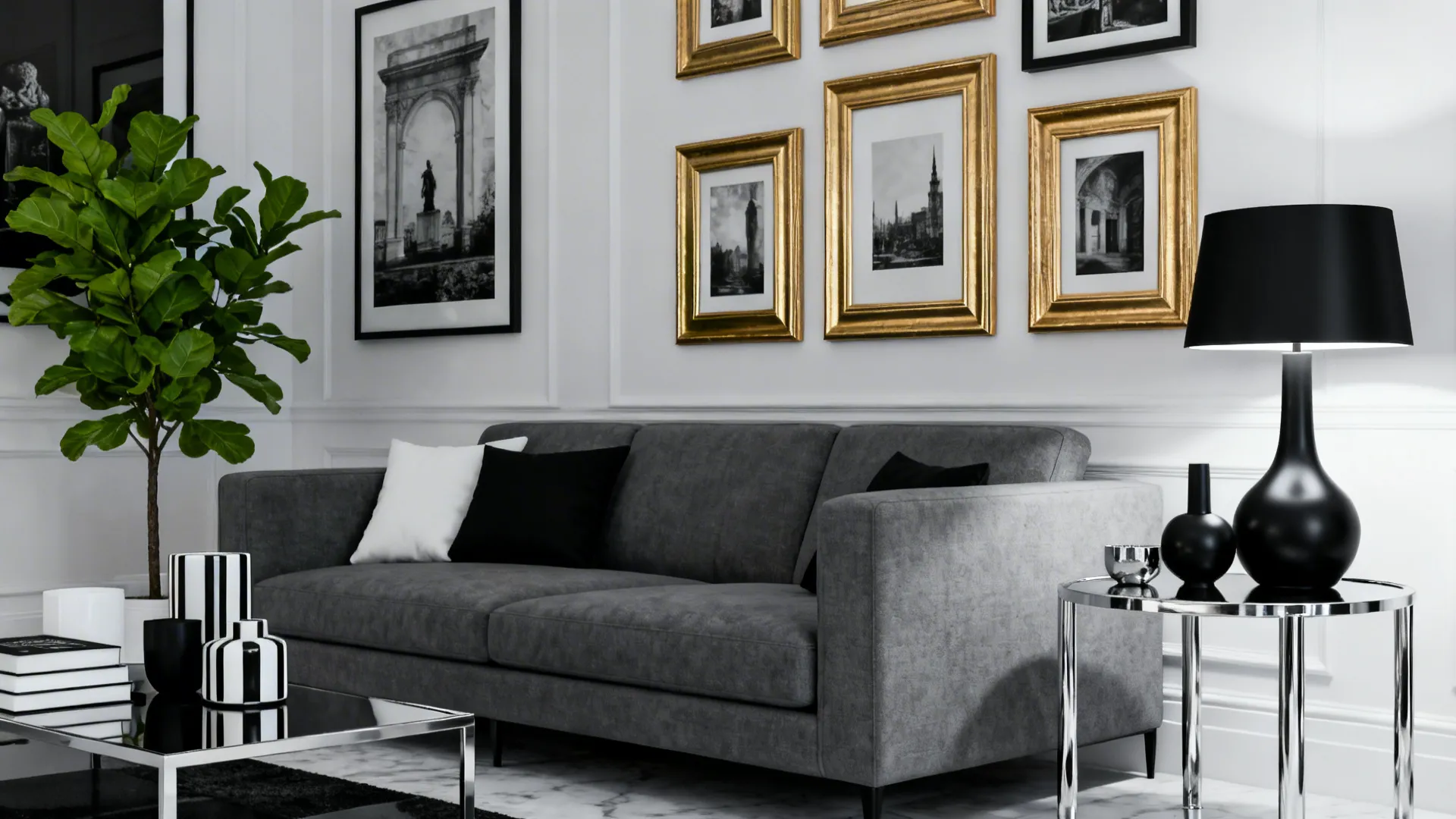 Monochrome grey sofa with chrome table, black lamp and gold frames plus plant