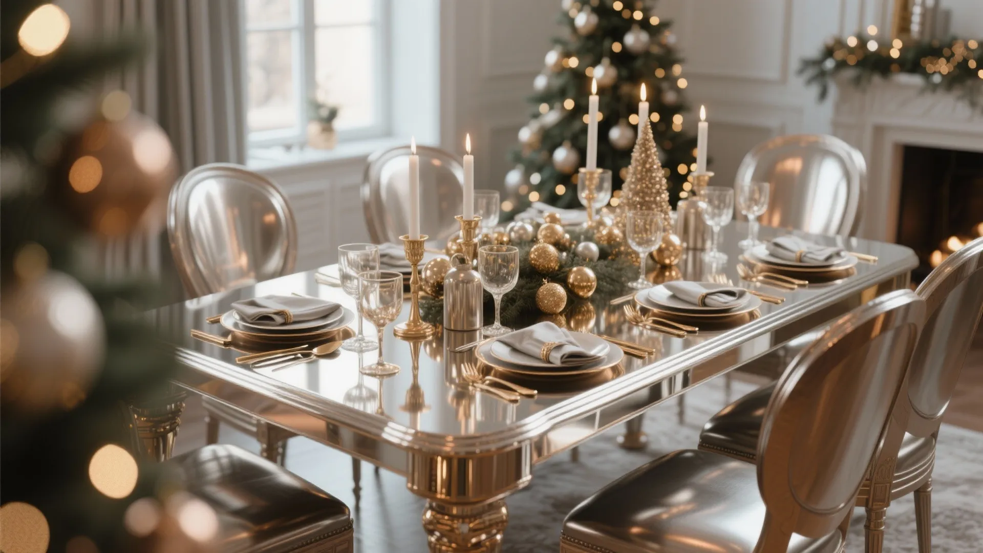 Elegant Christmas dining table set with gold chairs white candles and metallic decorations in room
