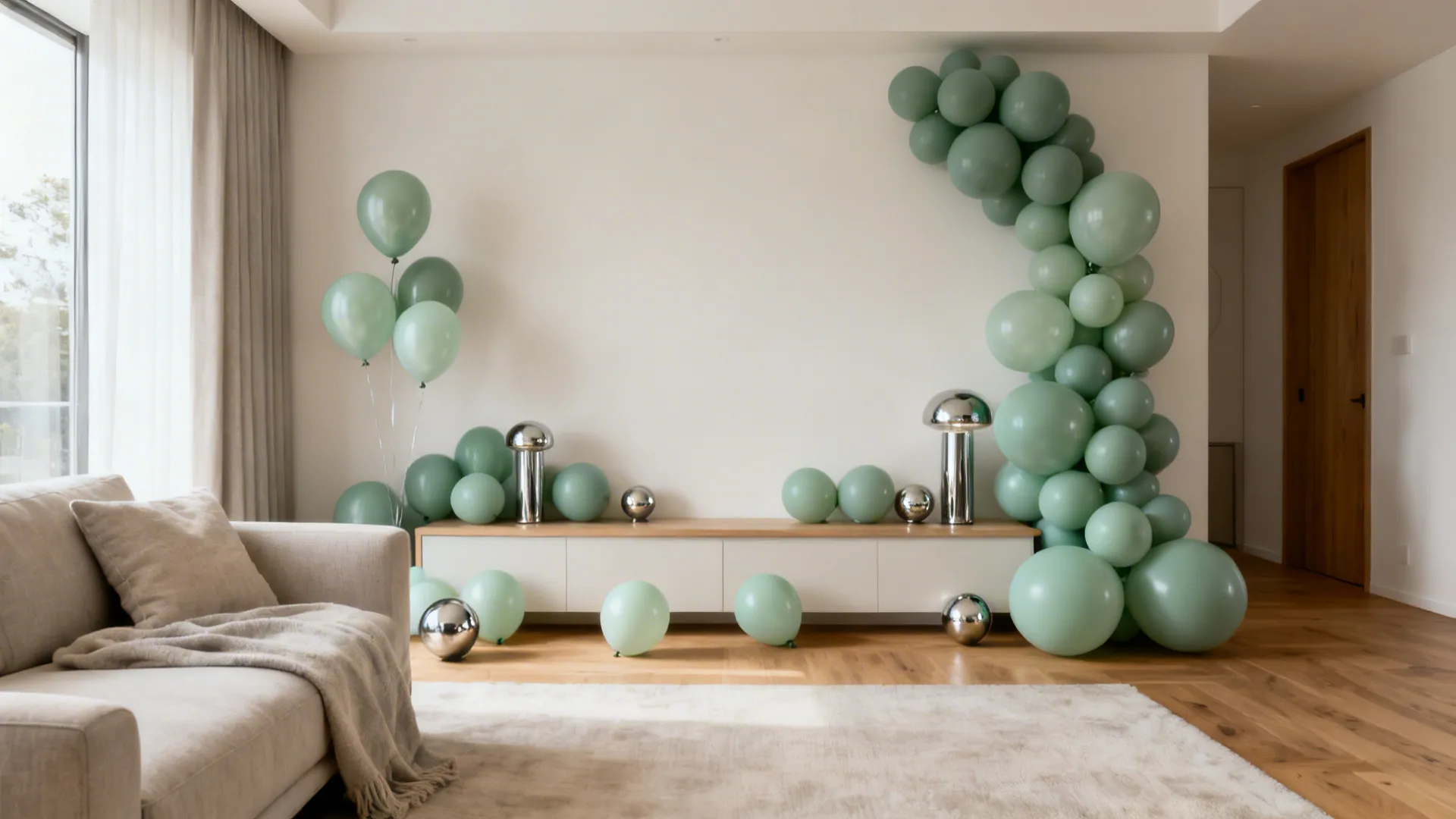 Modern living room featuring green balloons, white cabinet, light sofa, wooden floor, and natural lighting