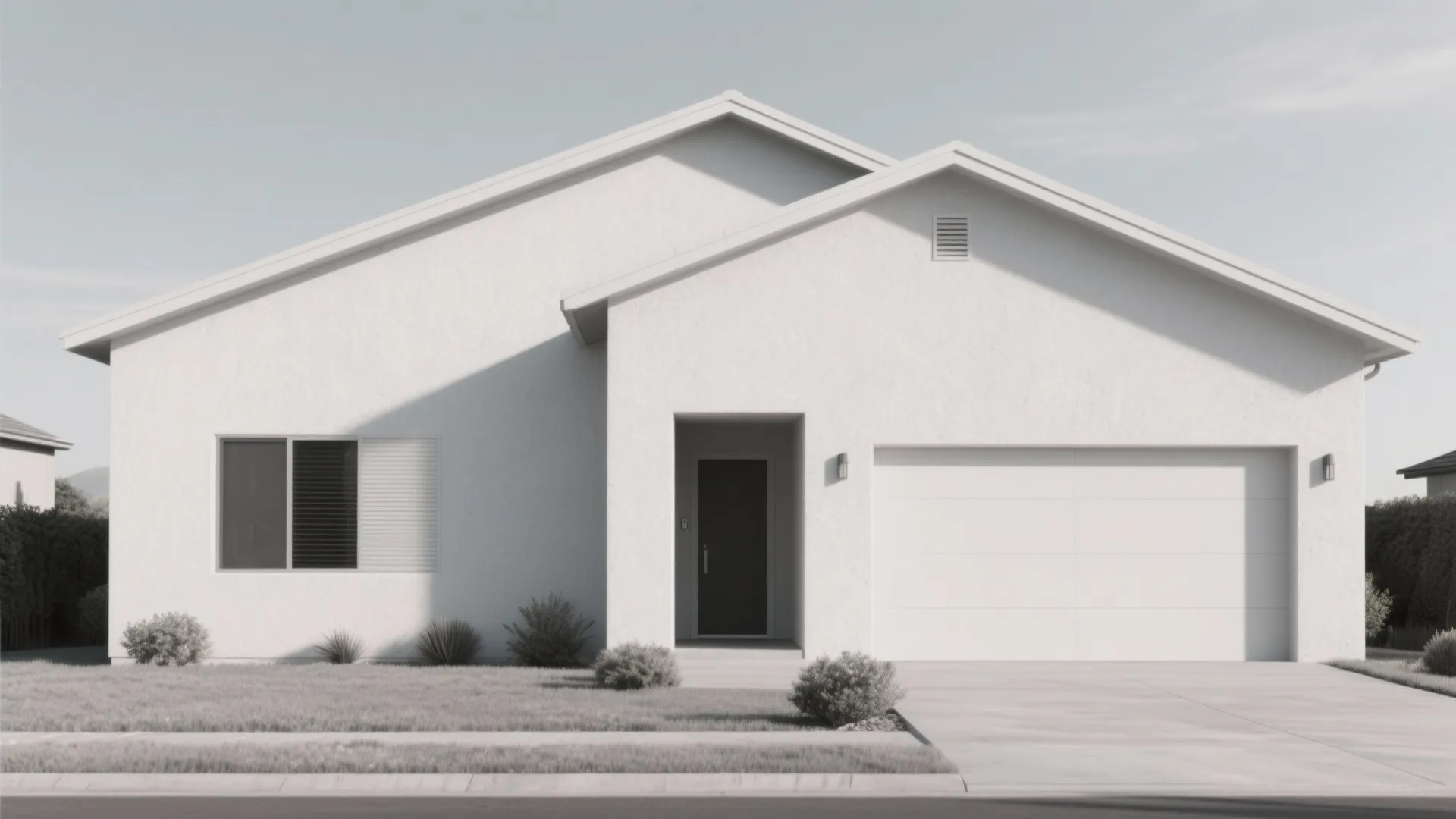 Modern white suburban house with a garage front door lawn and small green garden bushes