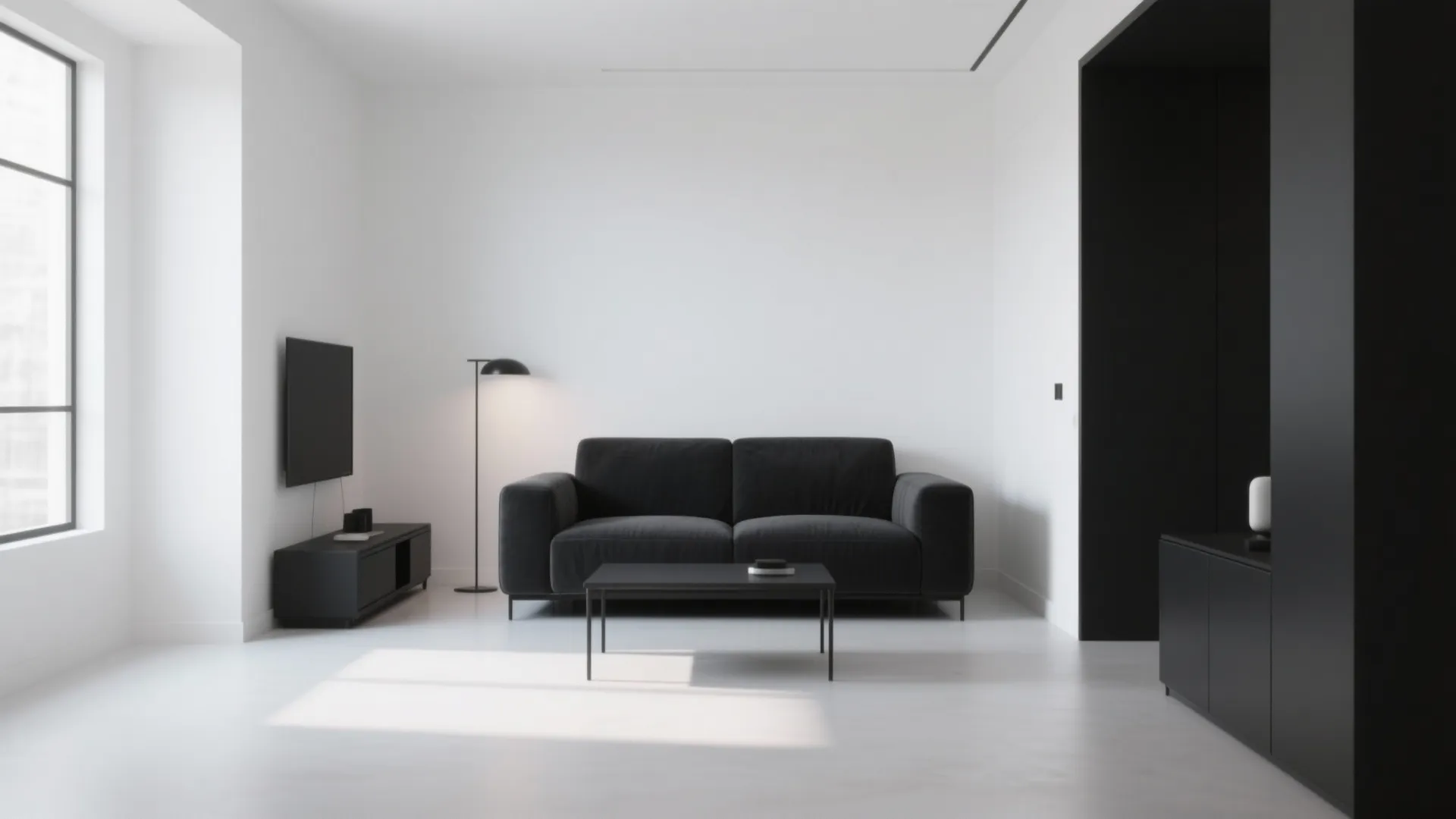 Minimalist living room with black sofa coffee table floor lamp wall mounted television and white walls