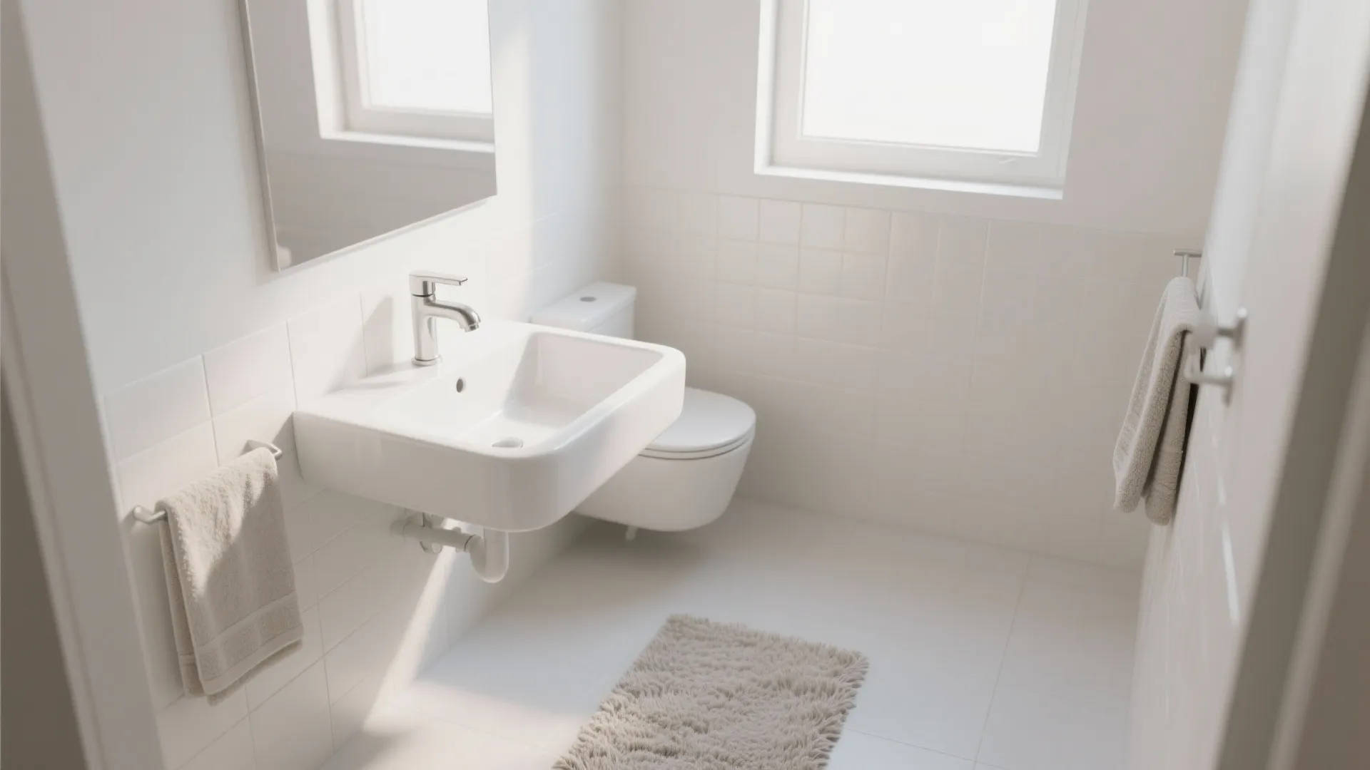 All-white small bathroom with a white faucet, white basin and textured wool mat for warmth.
