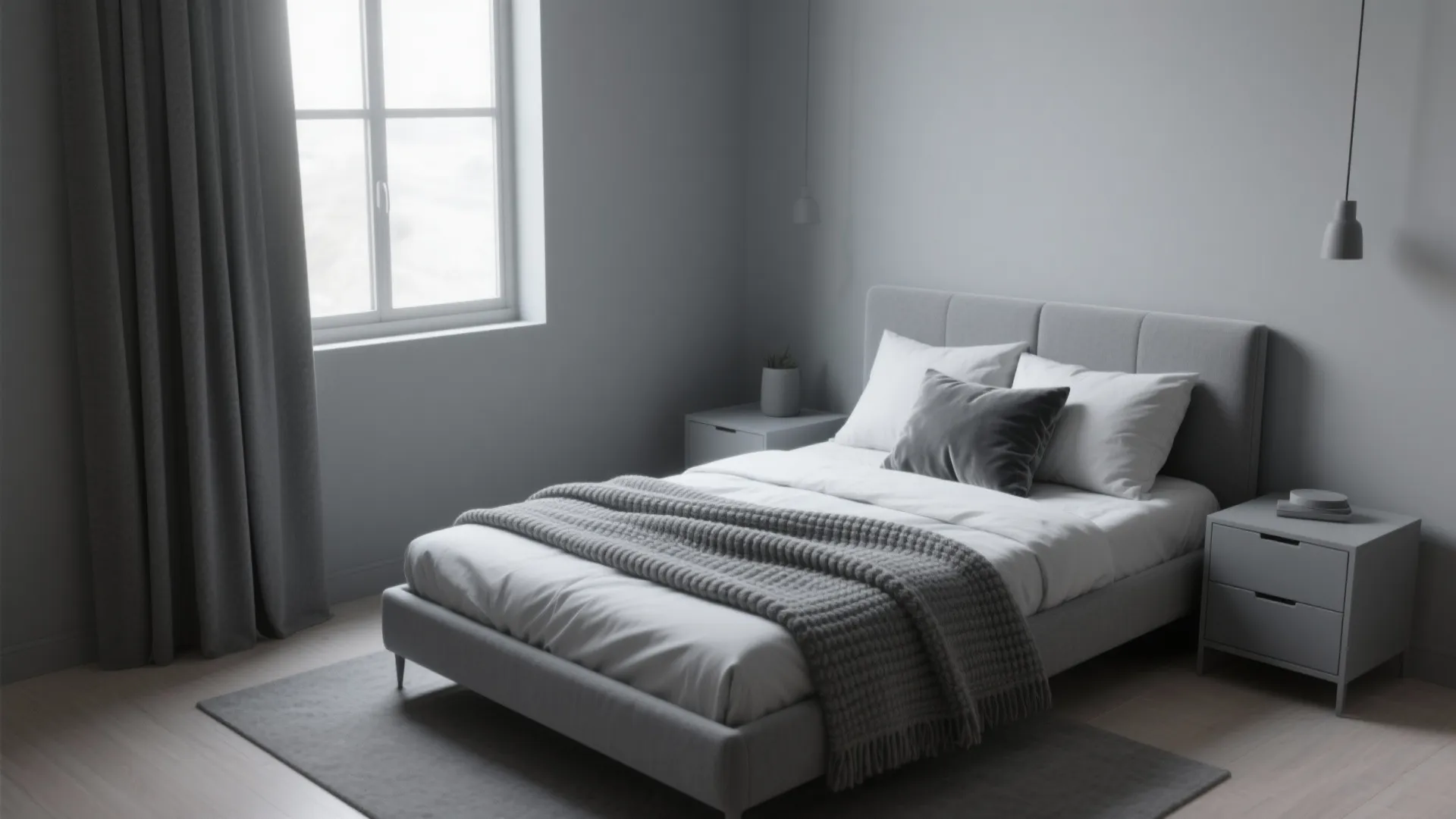 Minimalist grey bedroom with a soft grey bed, matching curtains, side tables, and a window
