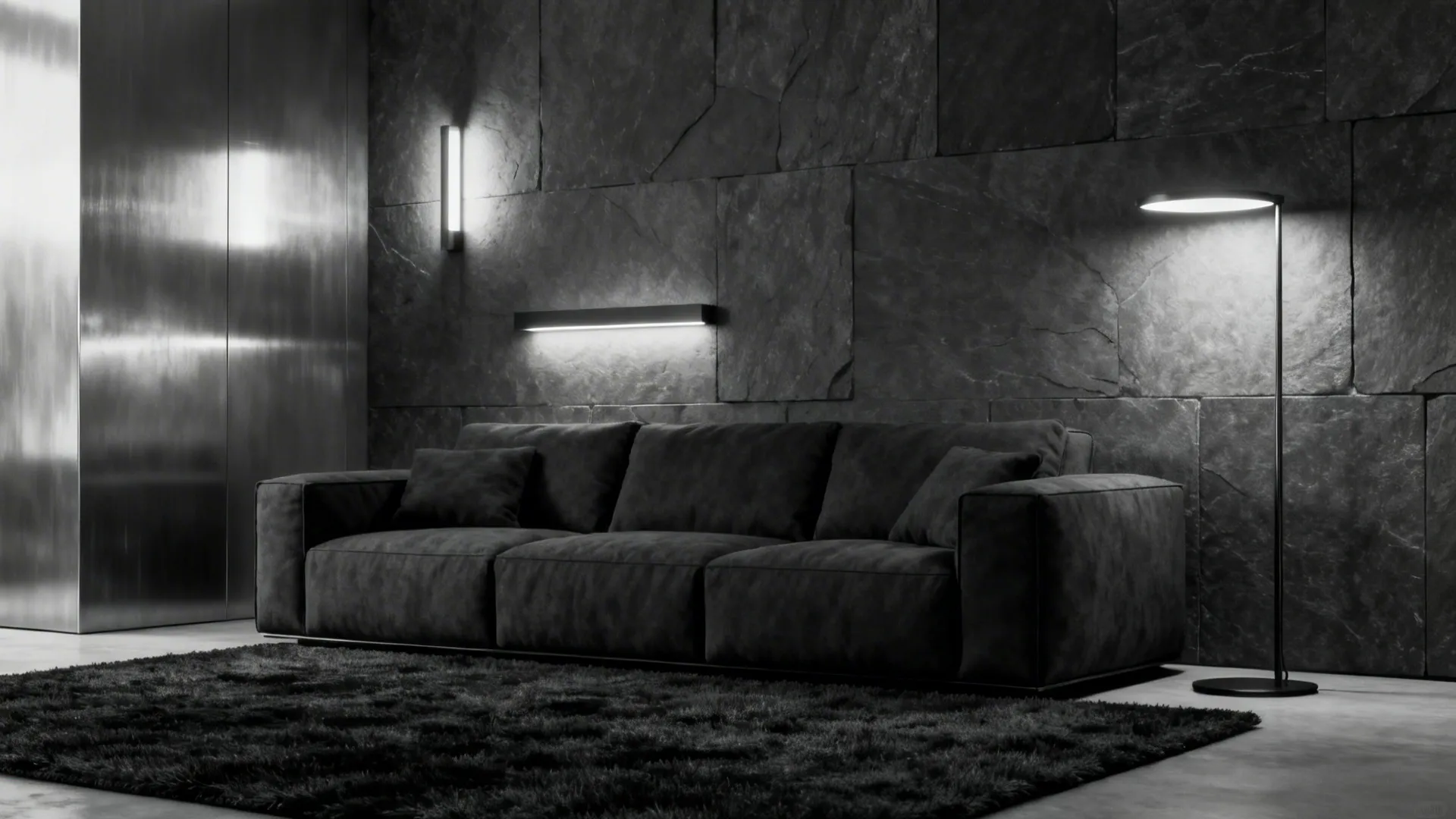 Monochrome minimalist living room with a dark grey couch and metallic accents