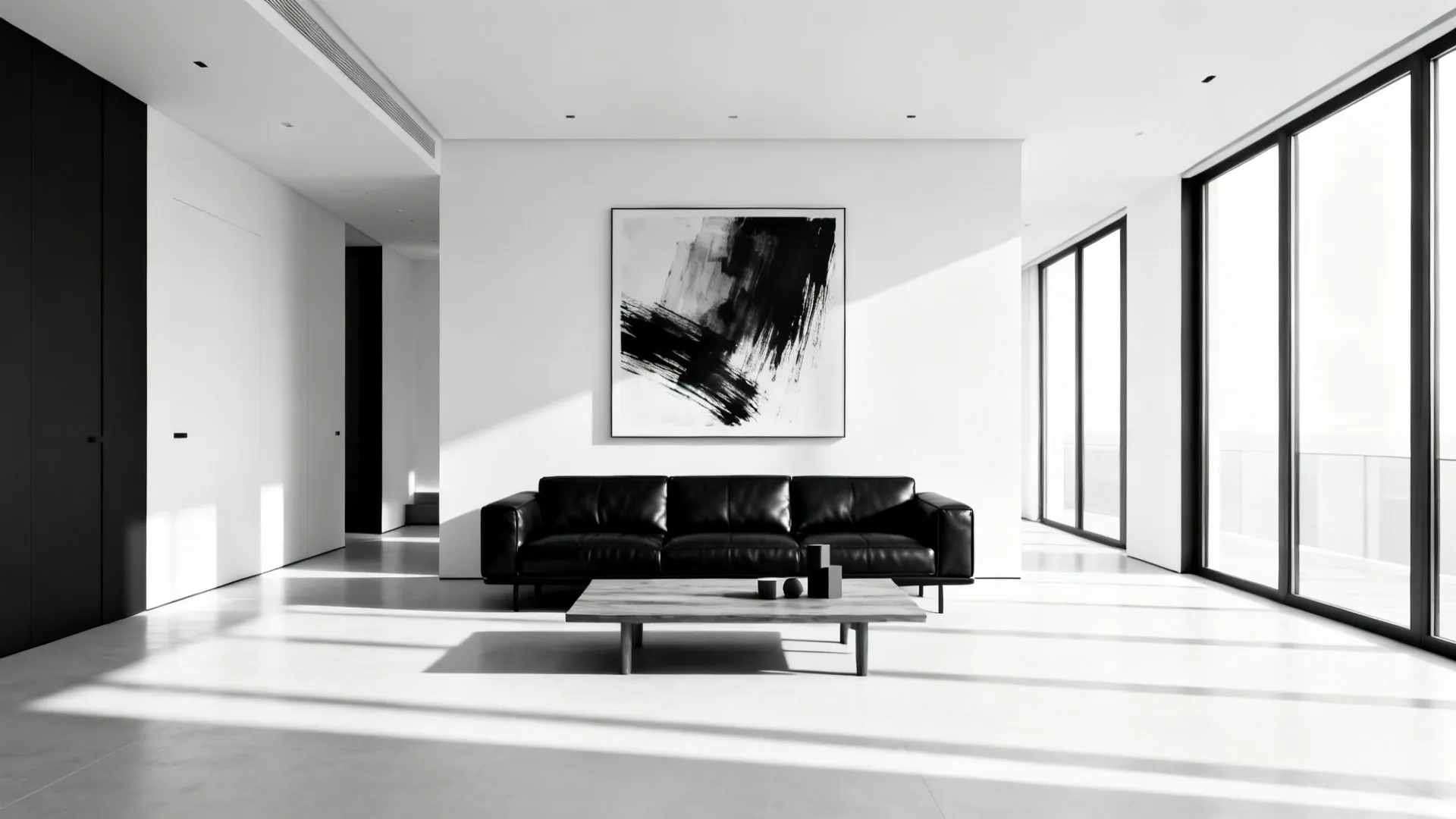 Minimalist small living room with a black sofa, white walls, and graphic black-and-white art.