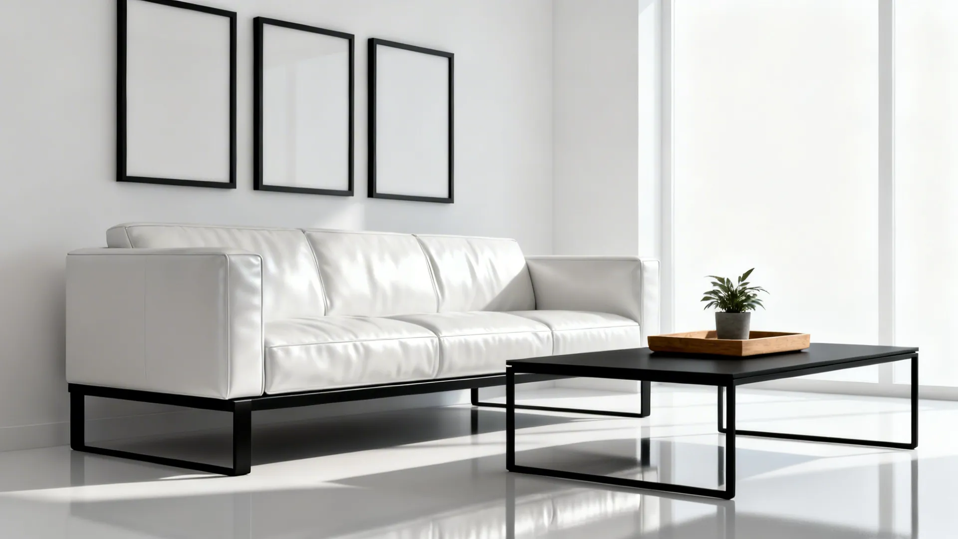 Monochrome living room with white leather sofa and black metal accents, small wooden tray for warmth