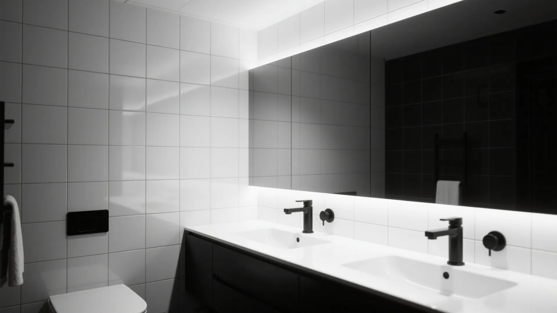 Minimalist bathroom with double sink vanity and large mirror with bright white light fixture background