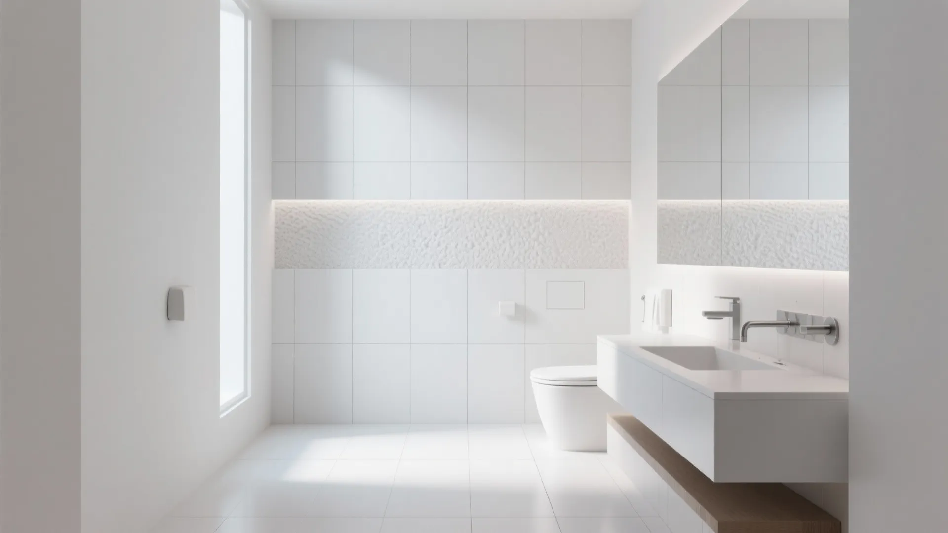 Minimalist all white bathroom with large floor tiles floating sink toilet and a textured wall