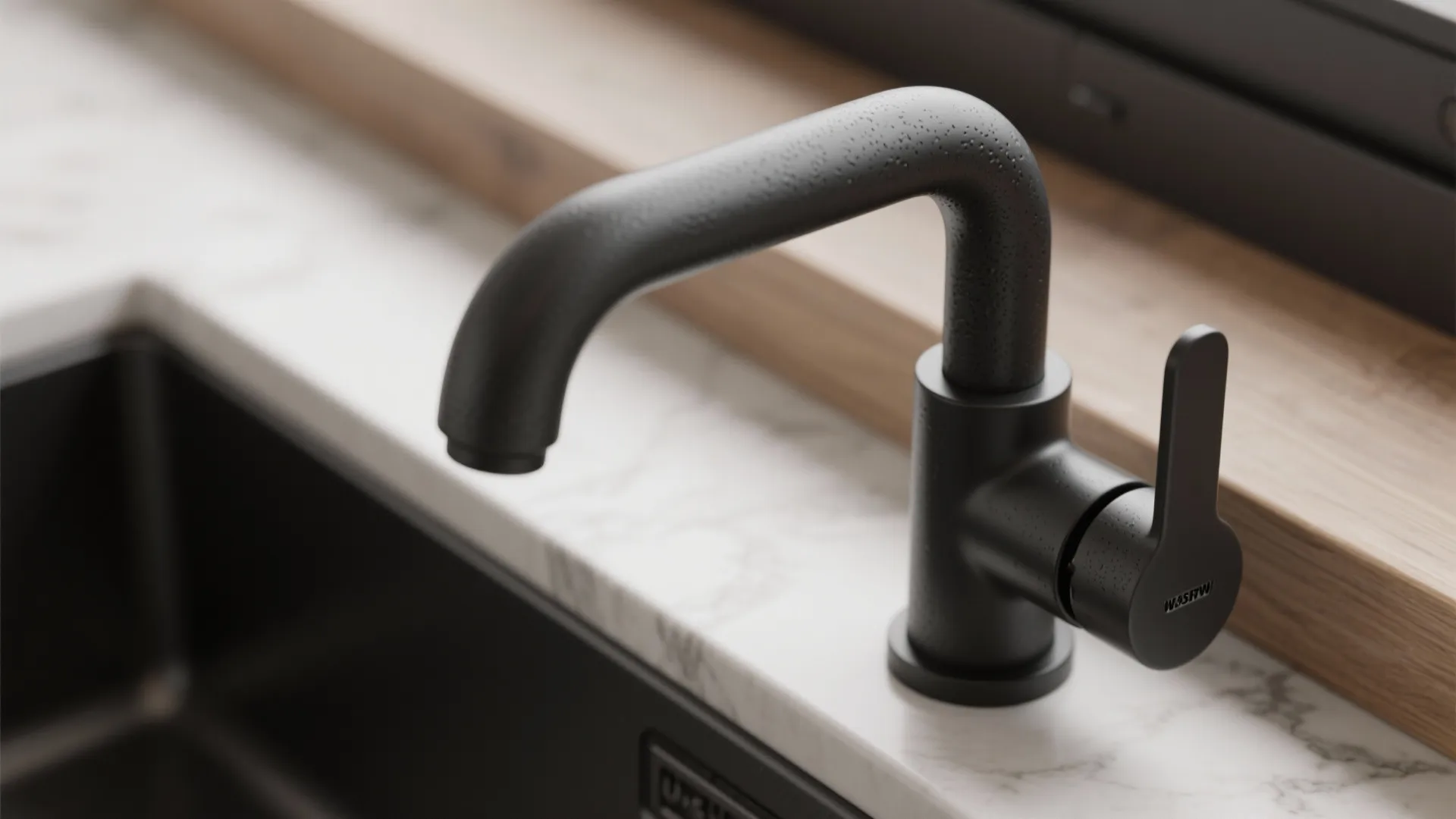 Matte black kitchen faucet mounted on white marble countertop with dark sink and wooden shelf