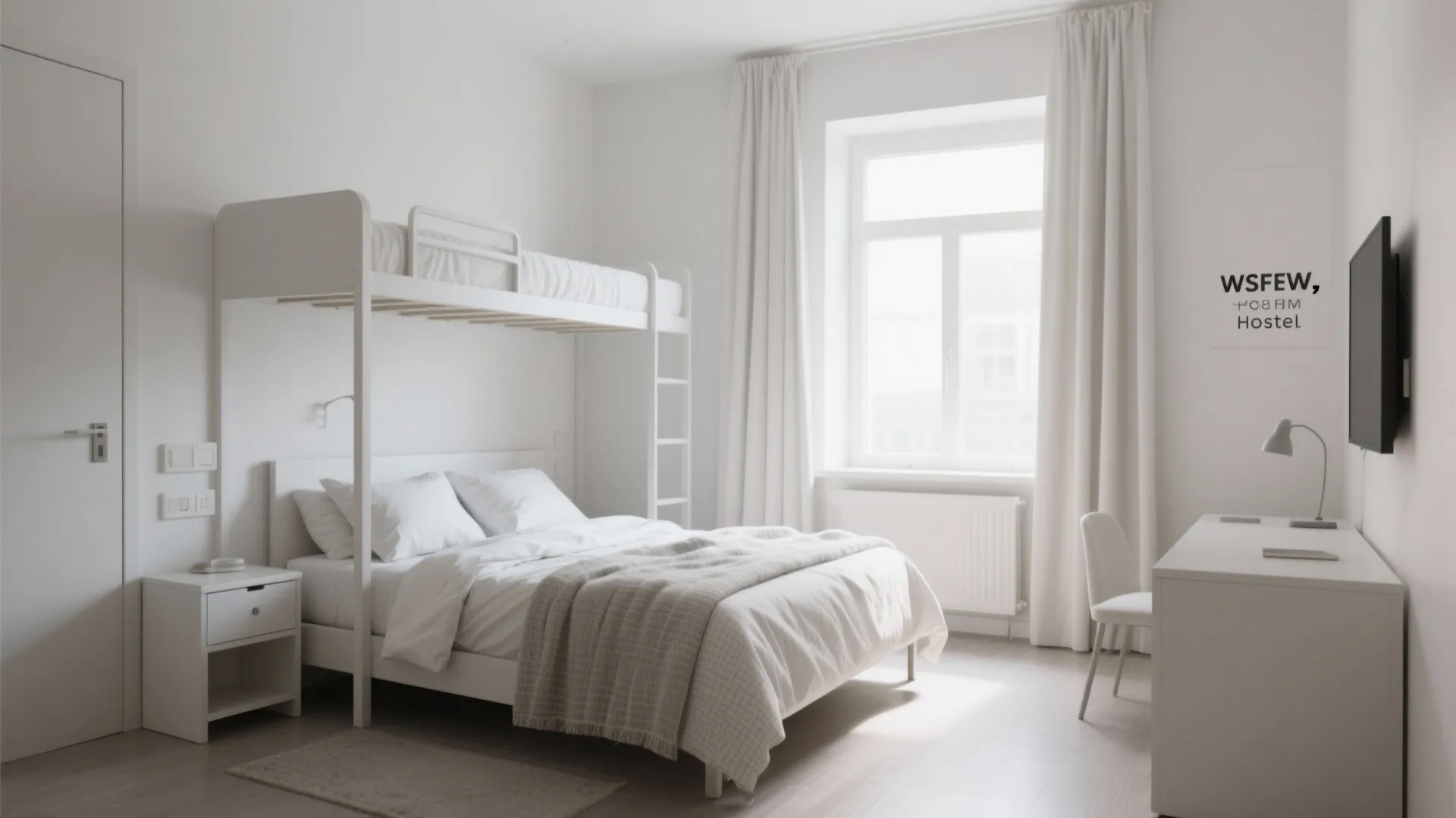 Minimalist white bedroom with bunk bed white desk matching chair large window and bright natural light