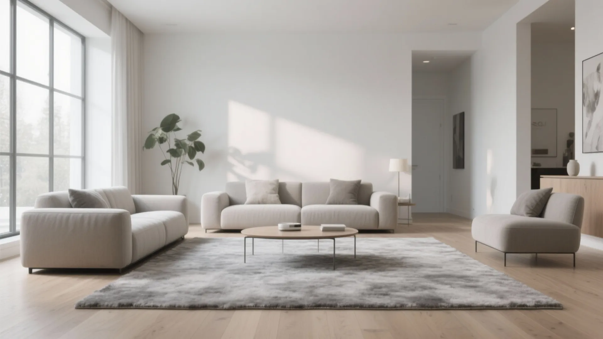 Modern minimalist living room featuring grey sofas, round coffee table, large window, and grey rug