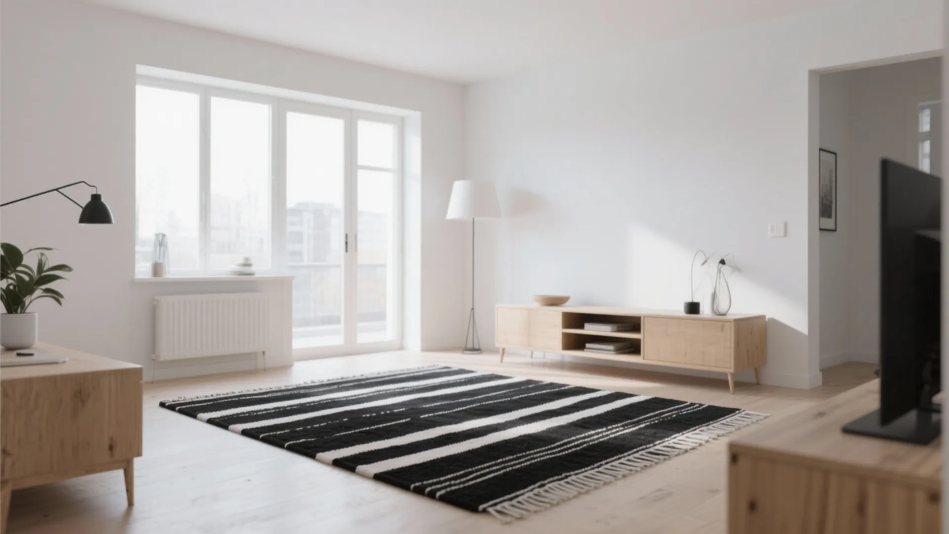 Minimalist living room with black and white striped rug wooden cabinet floor lamp and windows