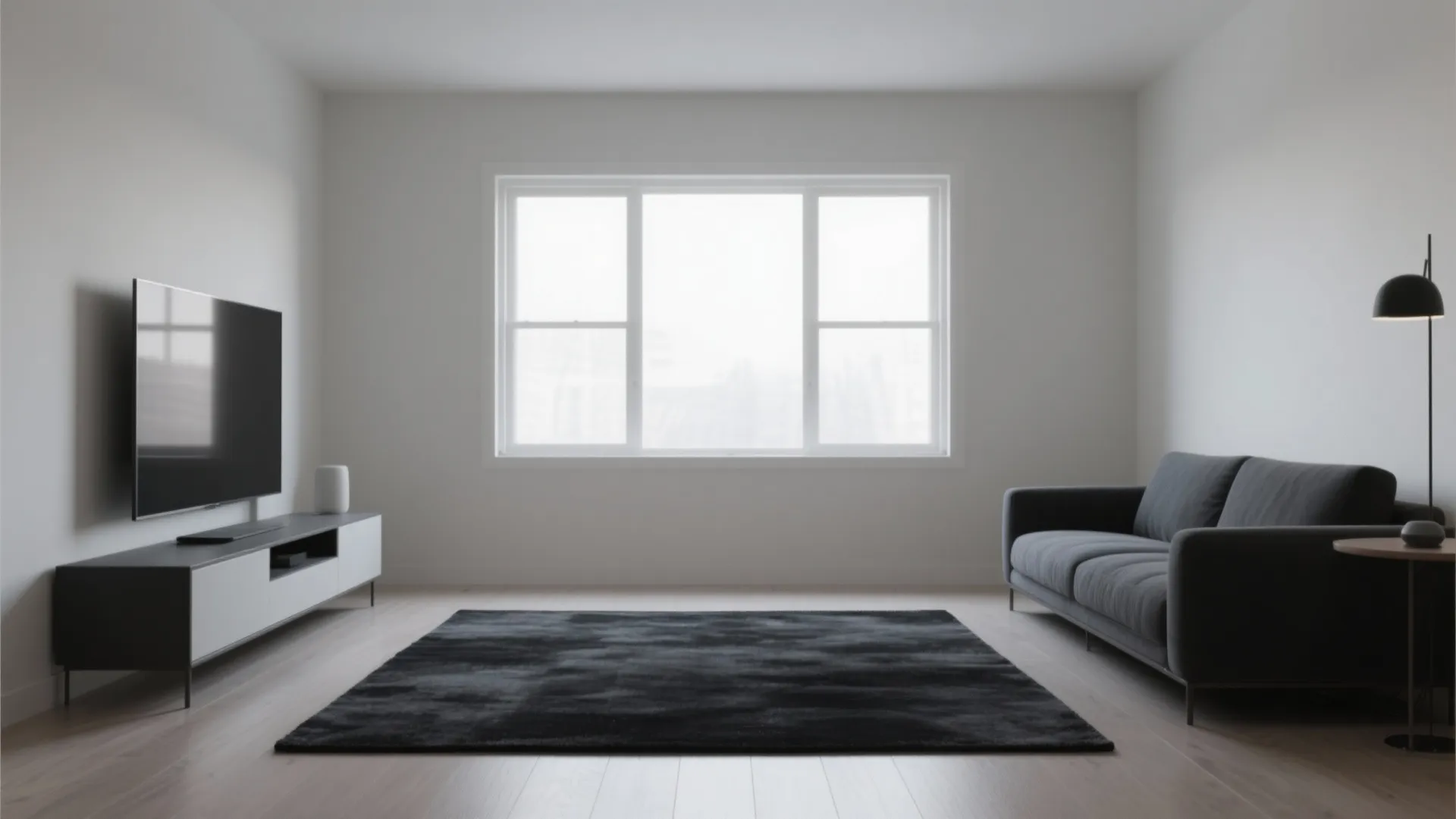 Minimalist living room with black rug dark grey sofa white walls and a large window