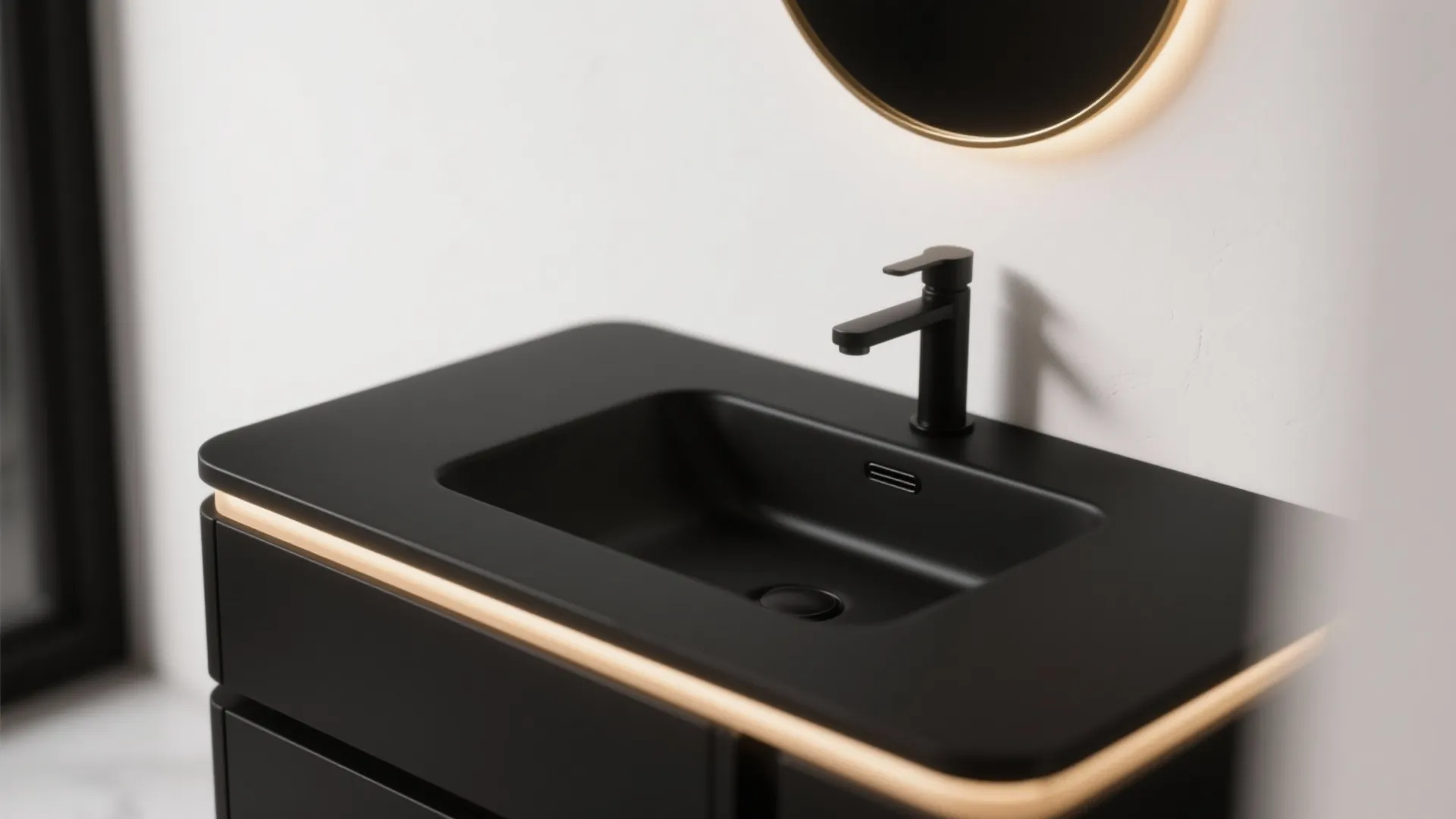 Modern black bathroom sink with black faucet on cabinet with warm lighting and round mirror
