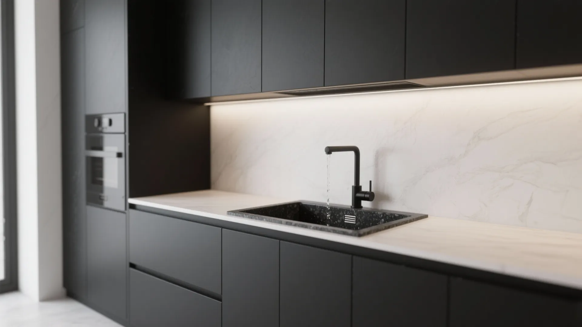 Minimalist kitchen with matte black granite sink, dark cabinetry and pale countertops