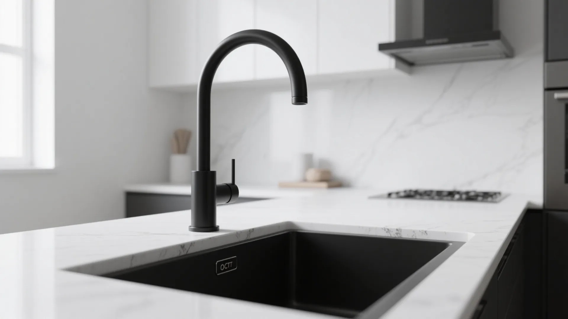 Modern white kitchen with wooden shelves black faucet white sink gold ceiling light and window