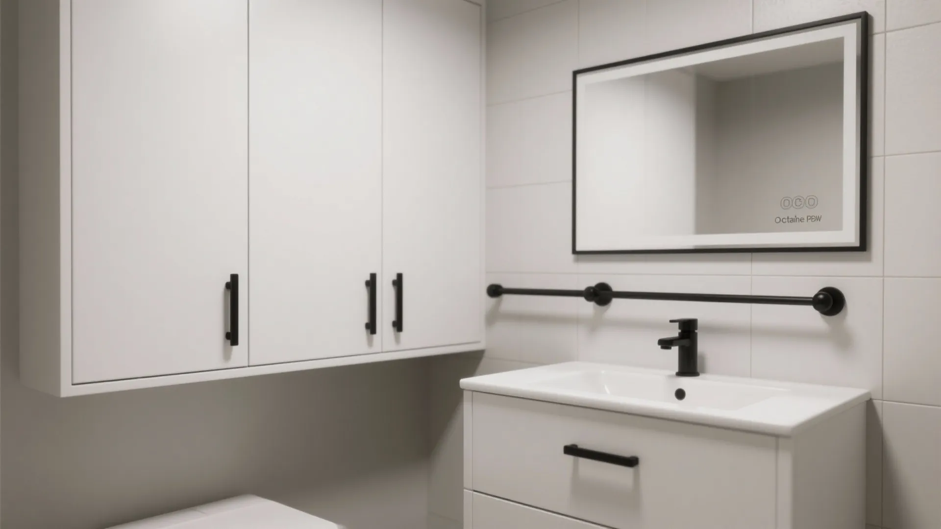 Minimal small bathroom with matte white cabinets and selective black hardware for contrast.