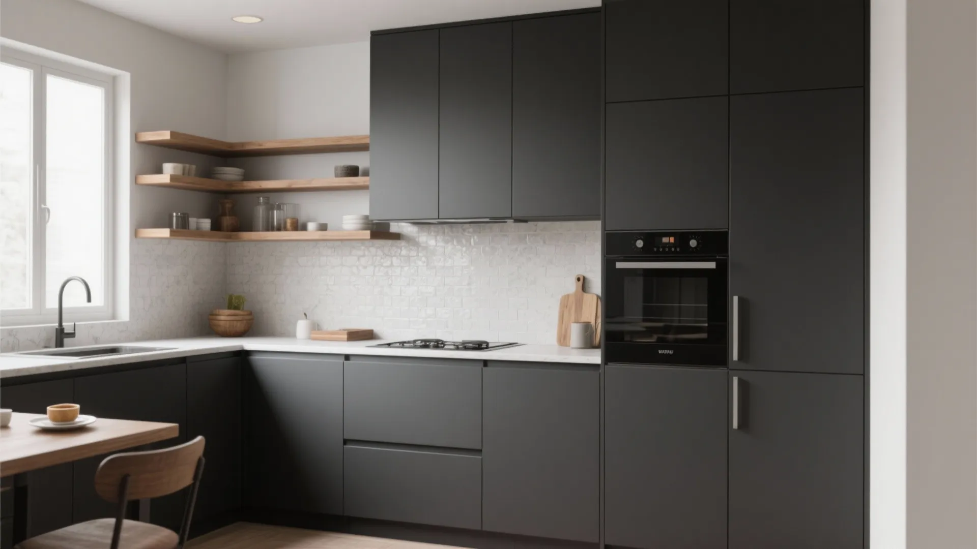 Minimalist kitchen featuring matte black cabinets wooden open shelves white tiled backsplash and a small table
