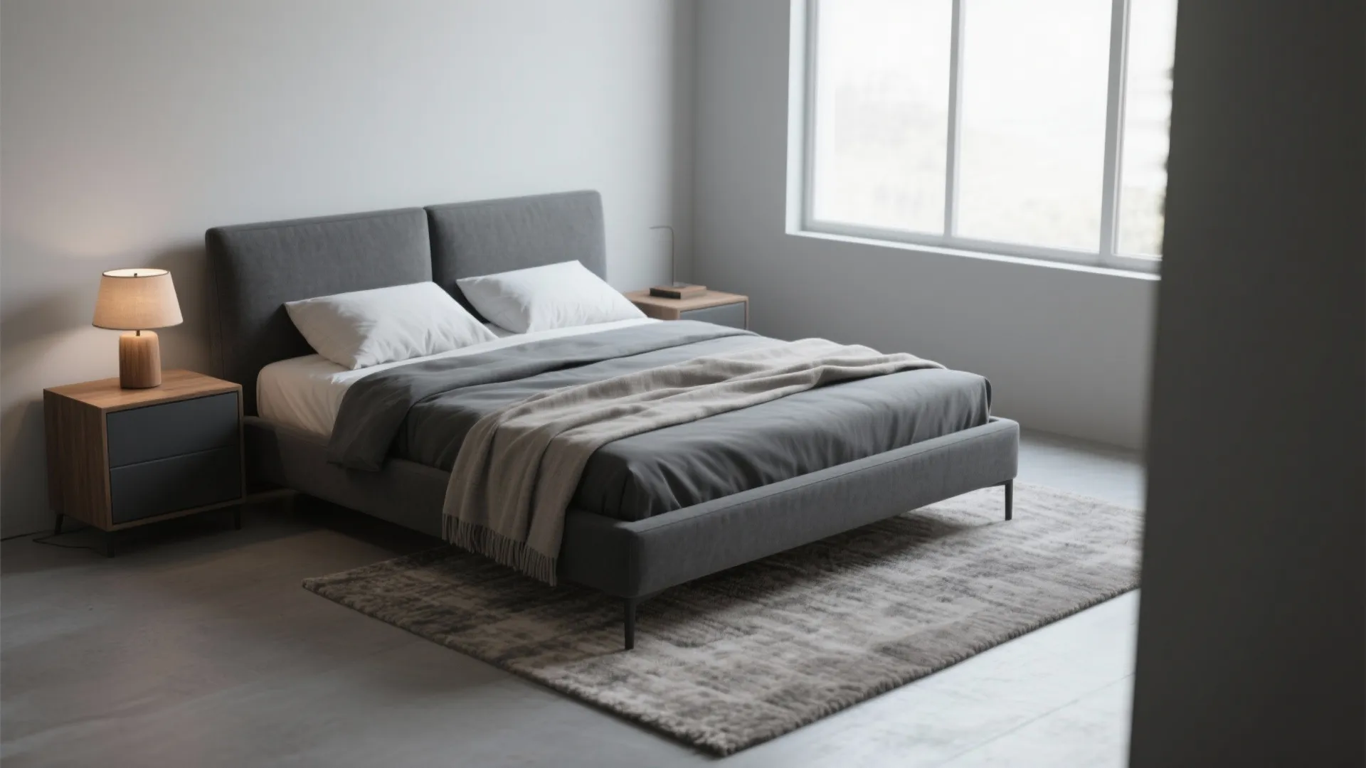 Minimalist bedroom with dark grey furniture, warm wood lamp and linen throw for contrast.