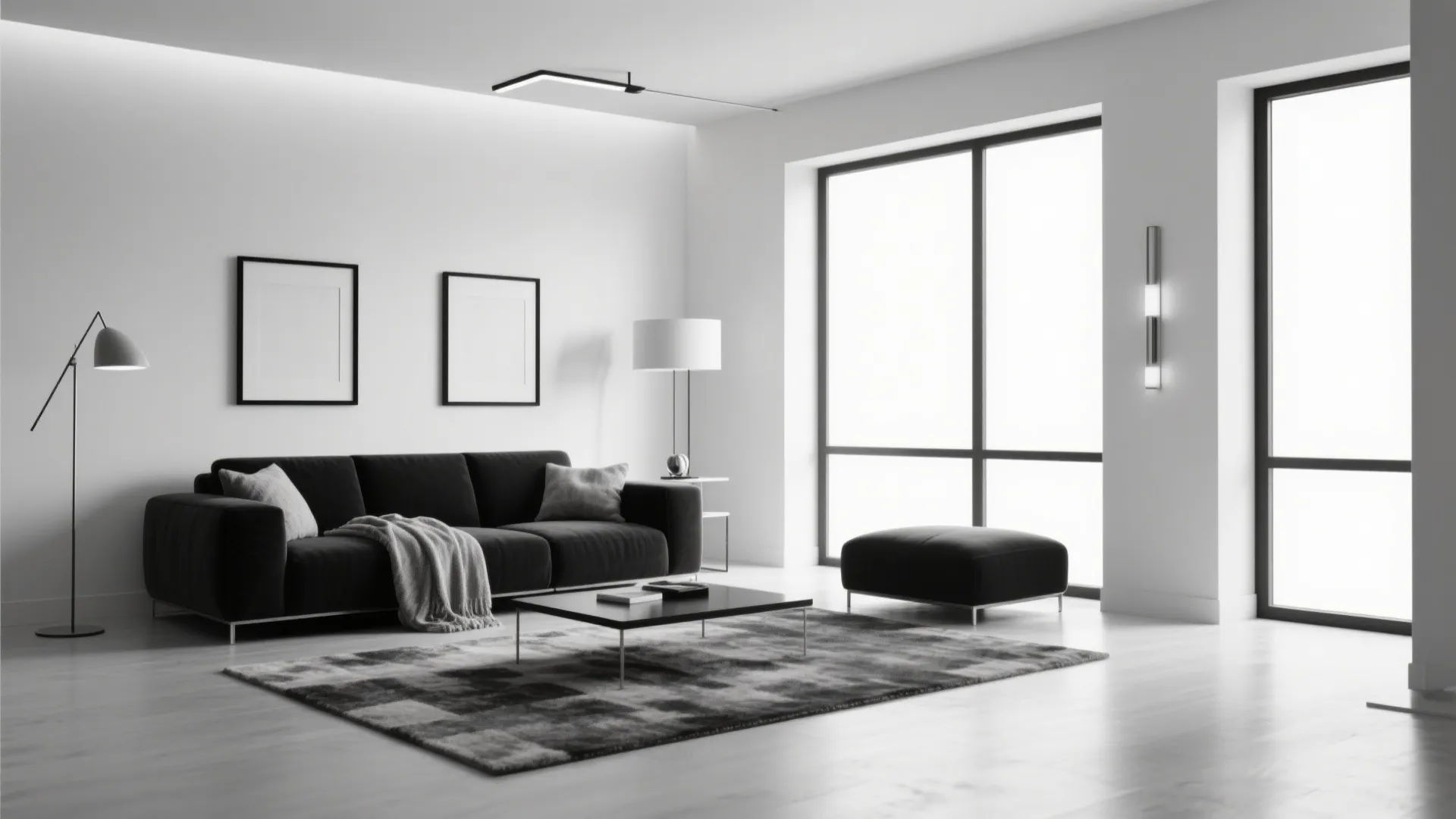 Minimalist black and white living room with silver lighting accents