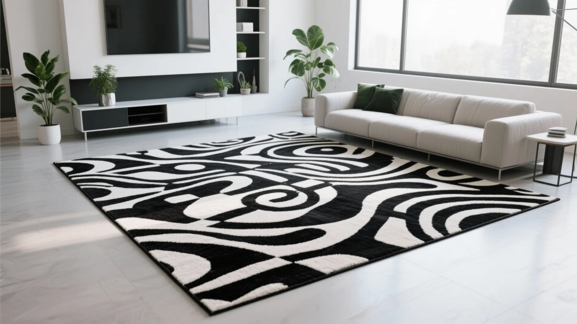 Modern minimalist living room with black and white patterned rug white sofa and green plants