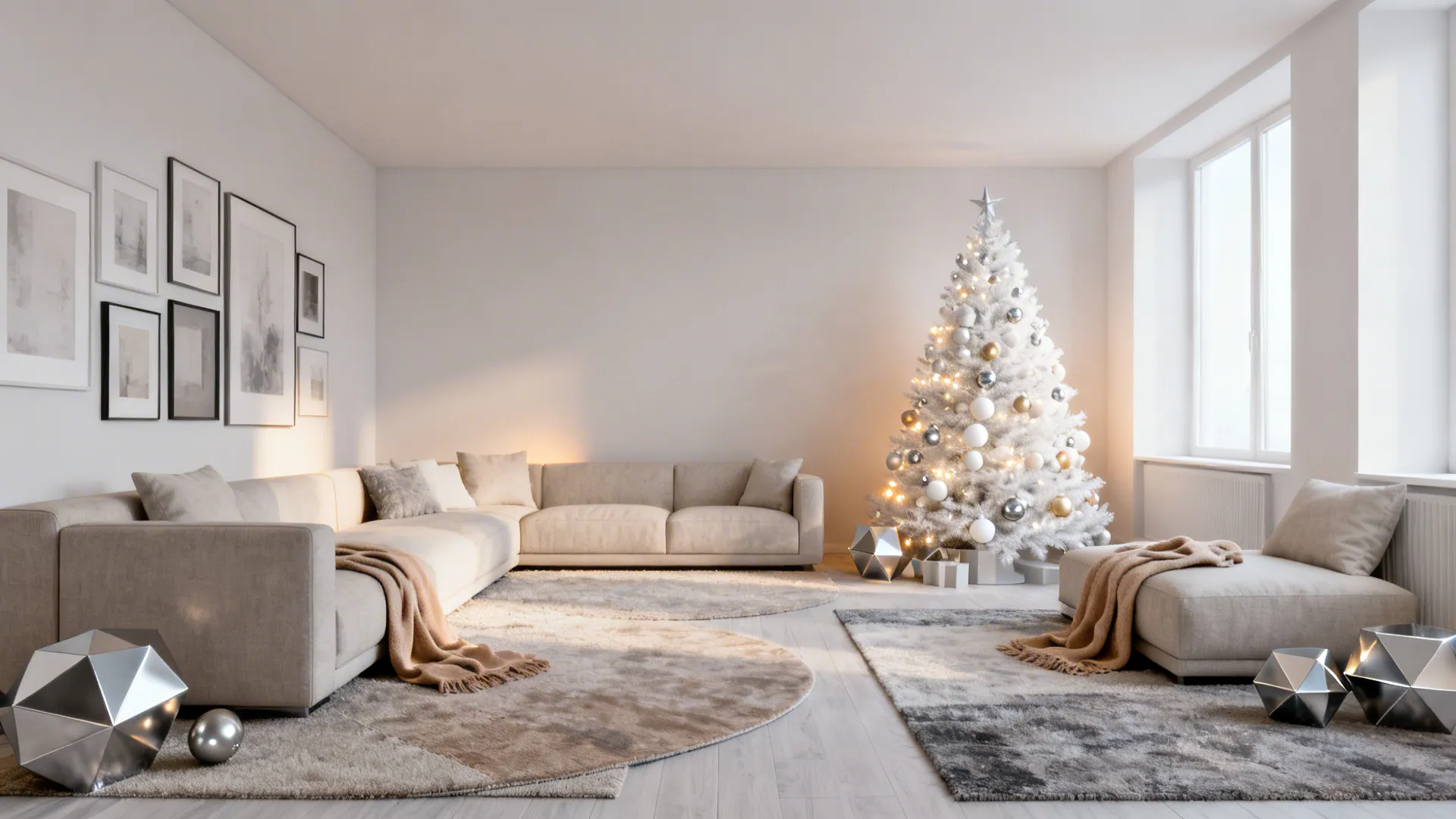 Minimalist white Christmas tree with silver and pale gold geometric ornaments in a modern living room.