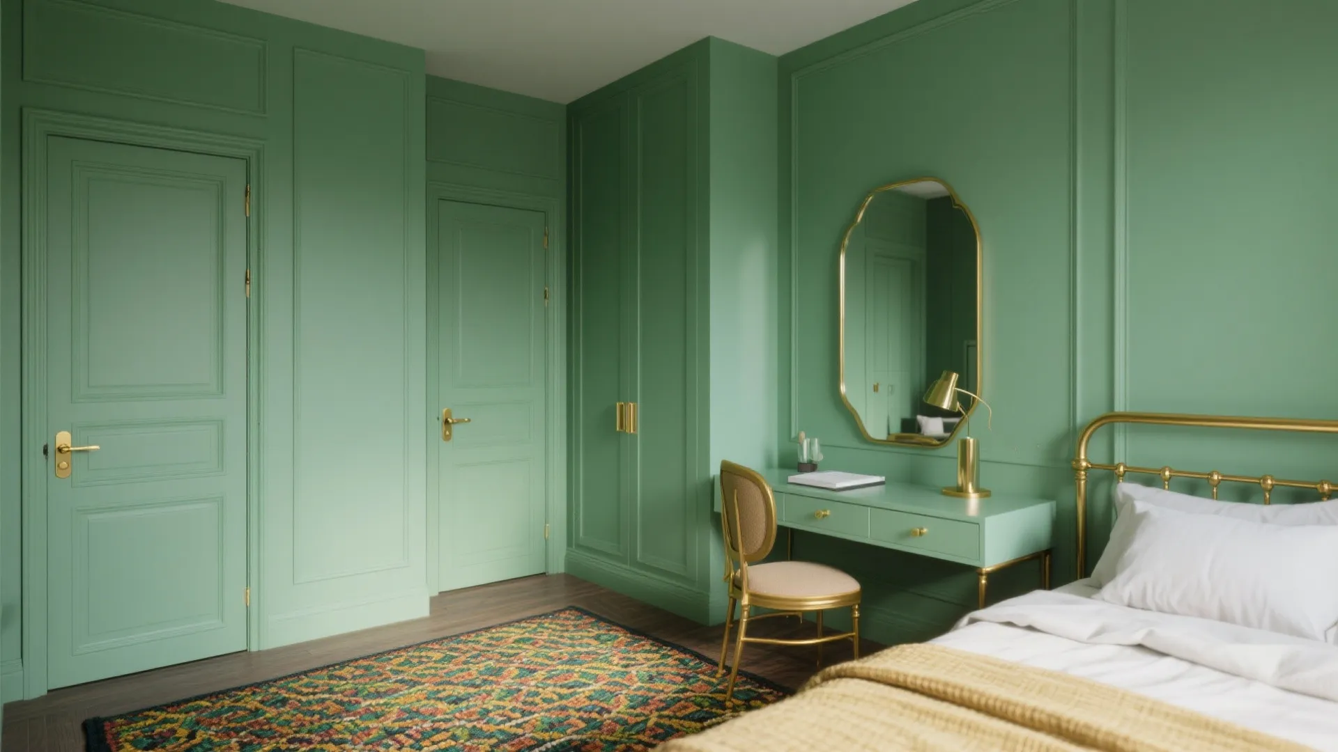 Small room painted entirely in soft moss green with brass hardware and a colorful rug.