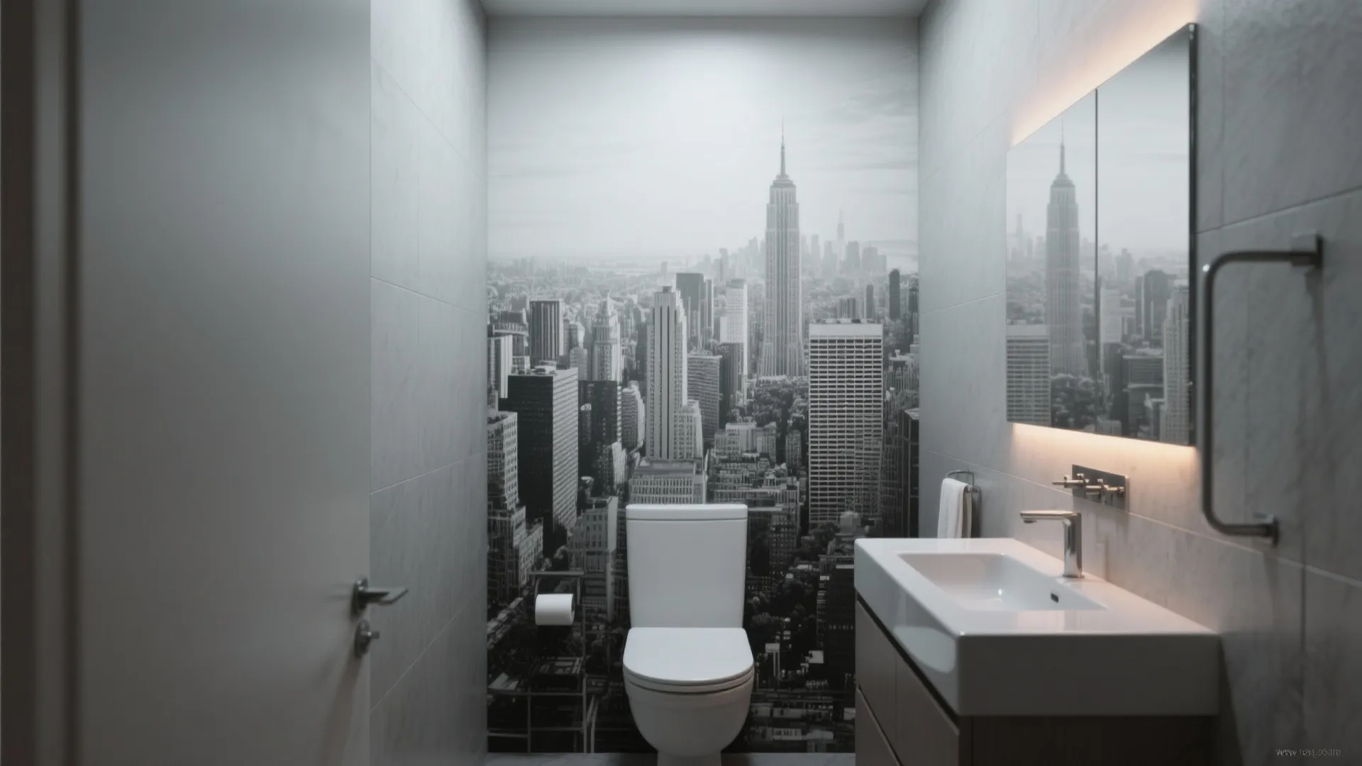 Tiny bathroom with a monochrome grayscale mural that visually expands the room.
