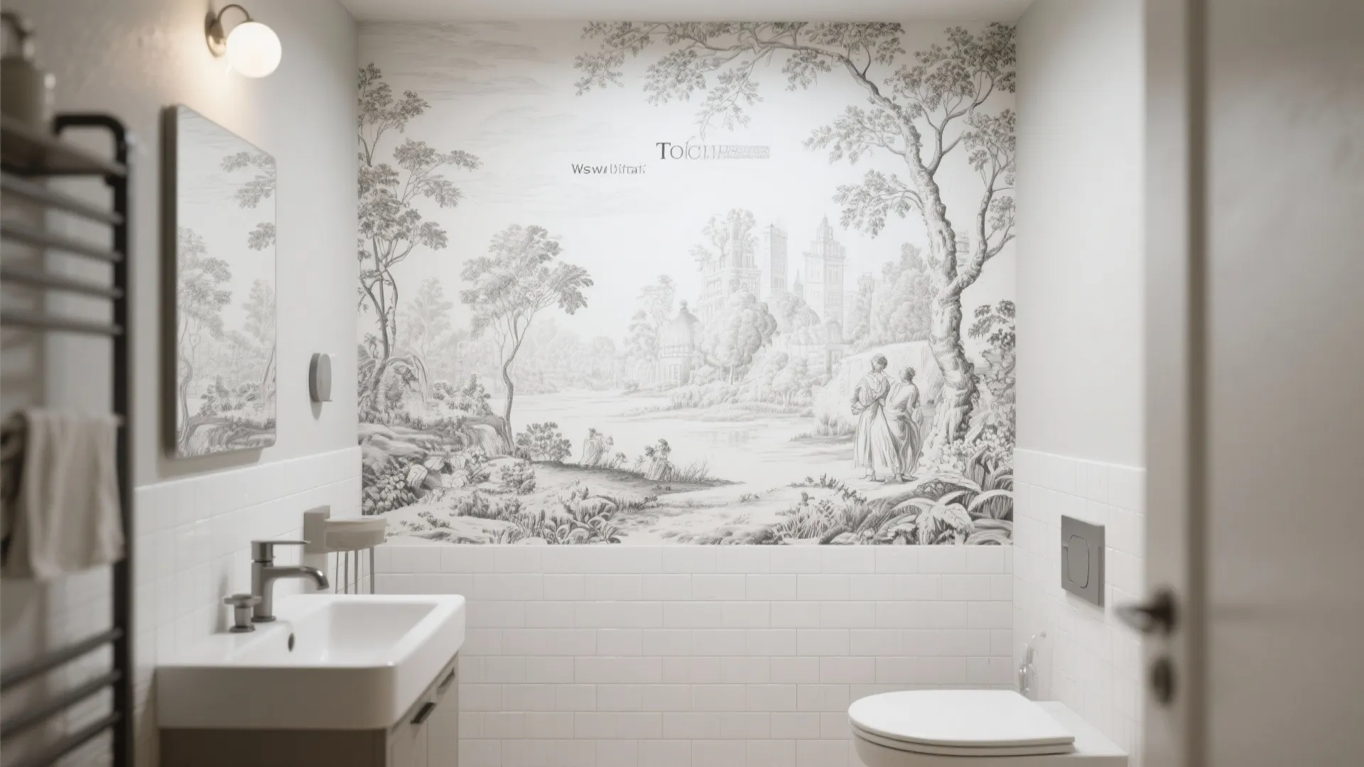 Bathroom interior featuring a large landscape wall drawing above white tiles with sink and toilet