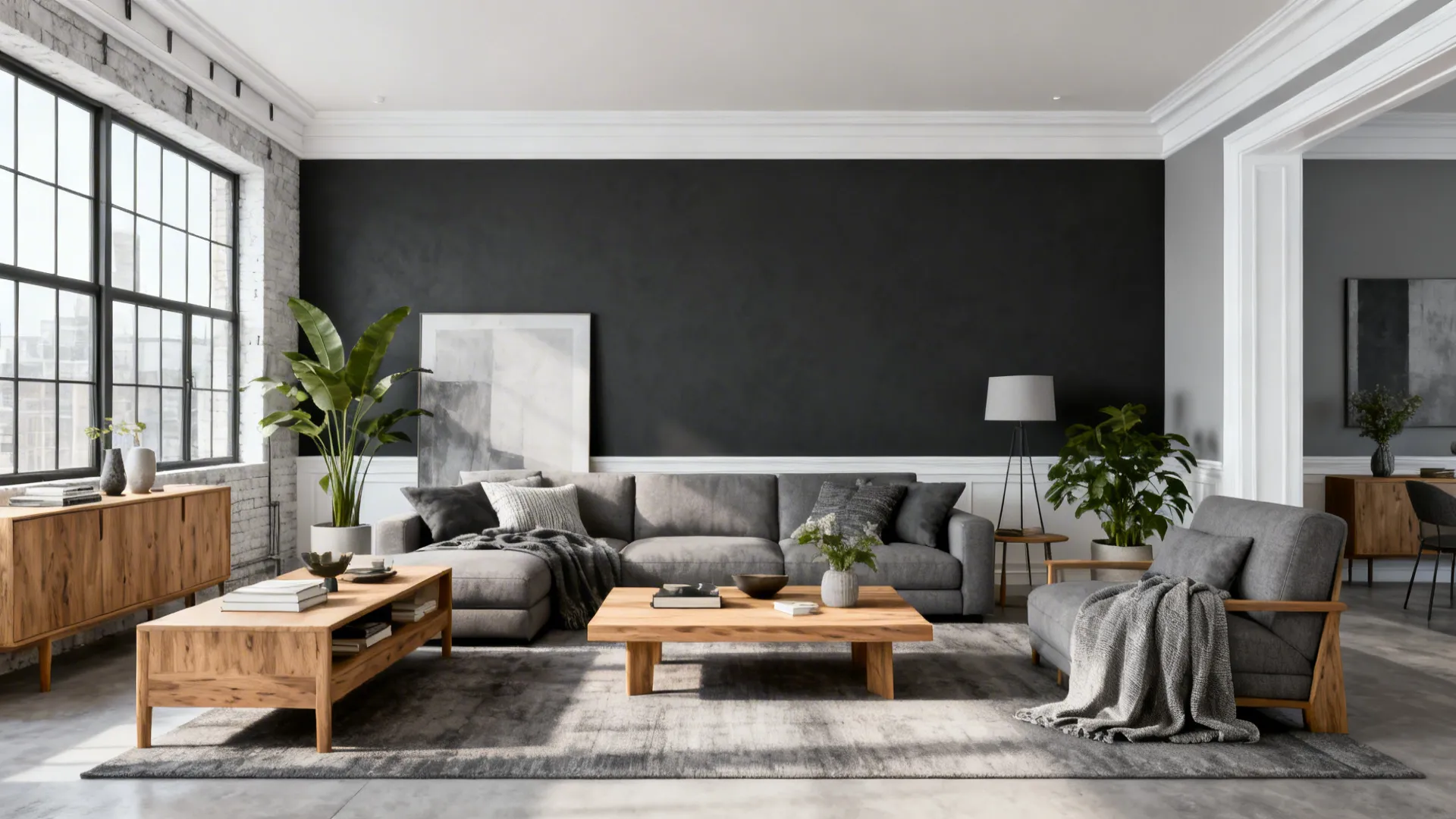 Modern monochrome living room with charcoal accents and natural wood furniture