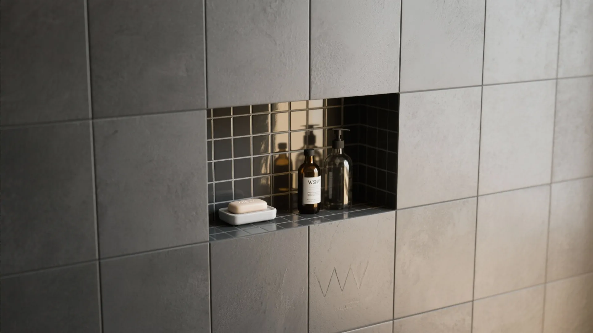 Grey wall tiles featuring a small built in shelf holding soap and two brown bottles