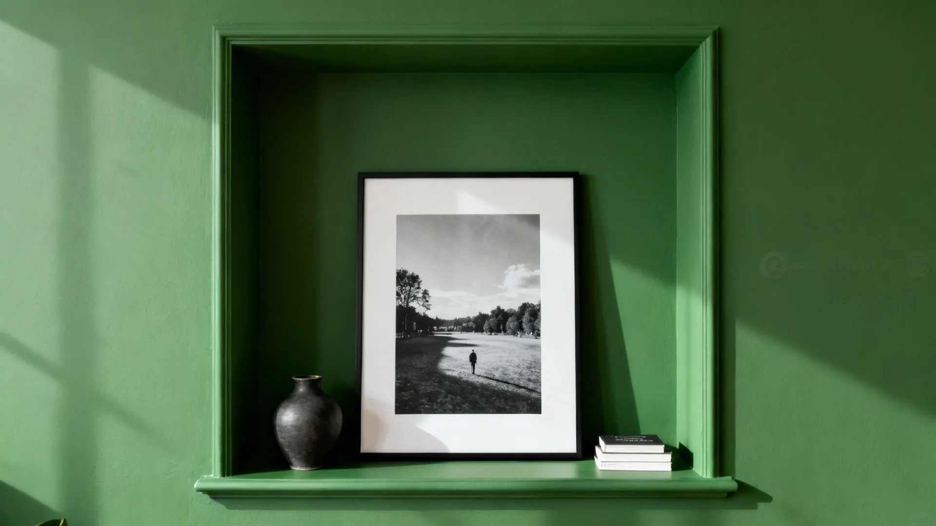 Monochrome clay green wall niche framing black-and-white art in soft daylight.