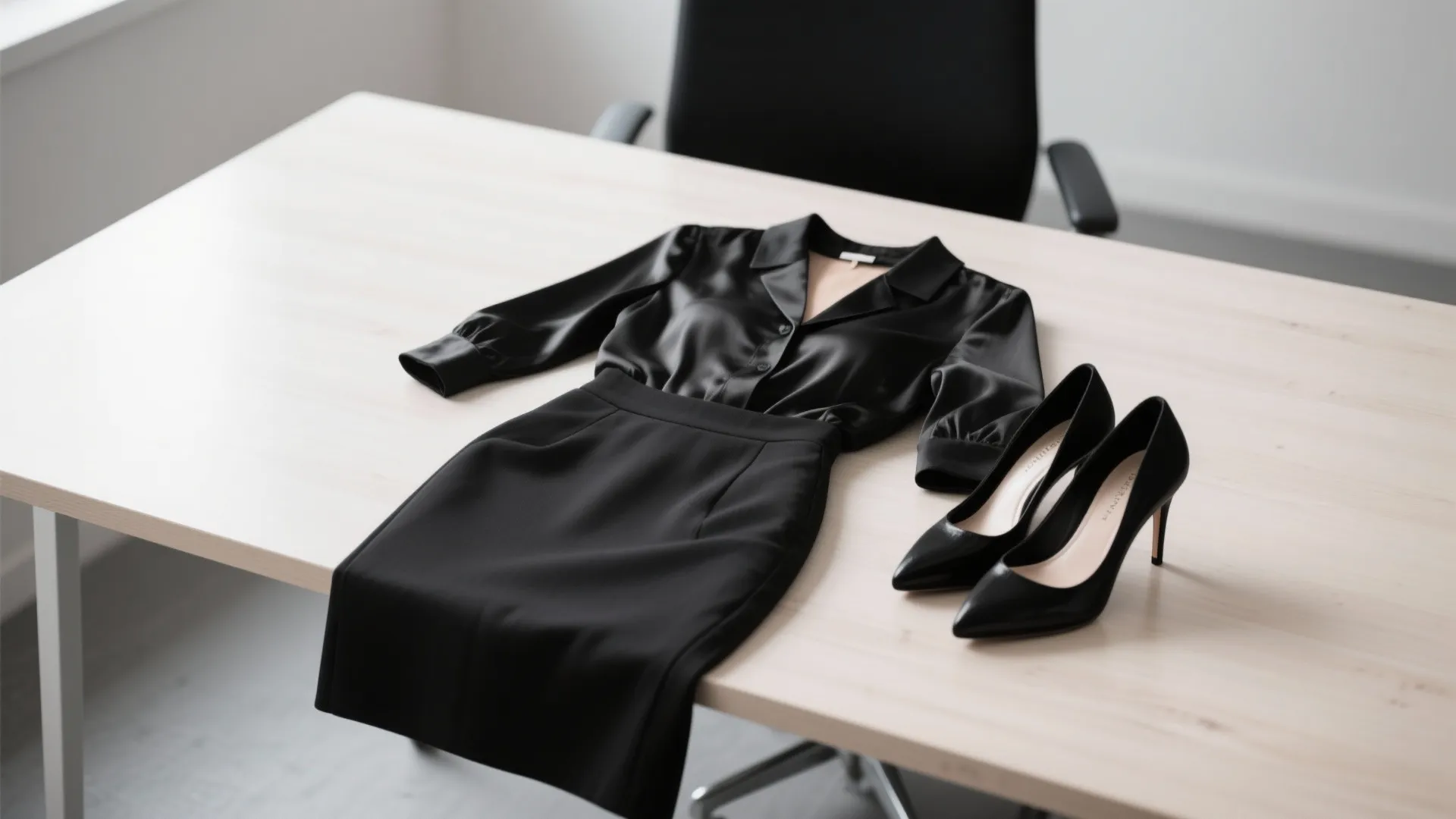 Black pencil skirt and satin blouse office outfit flat lay