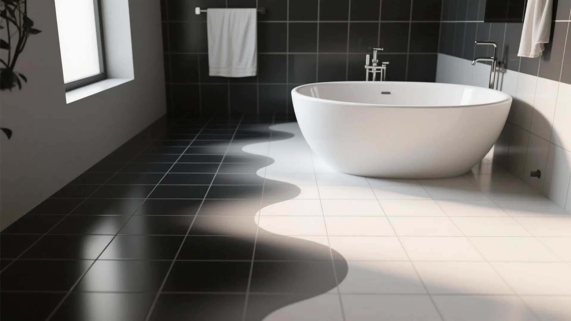 Modern bathroom with white bathtub on floor showing a wave transition from black to white